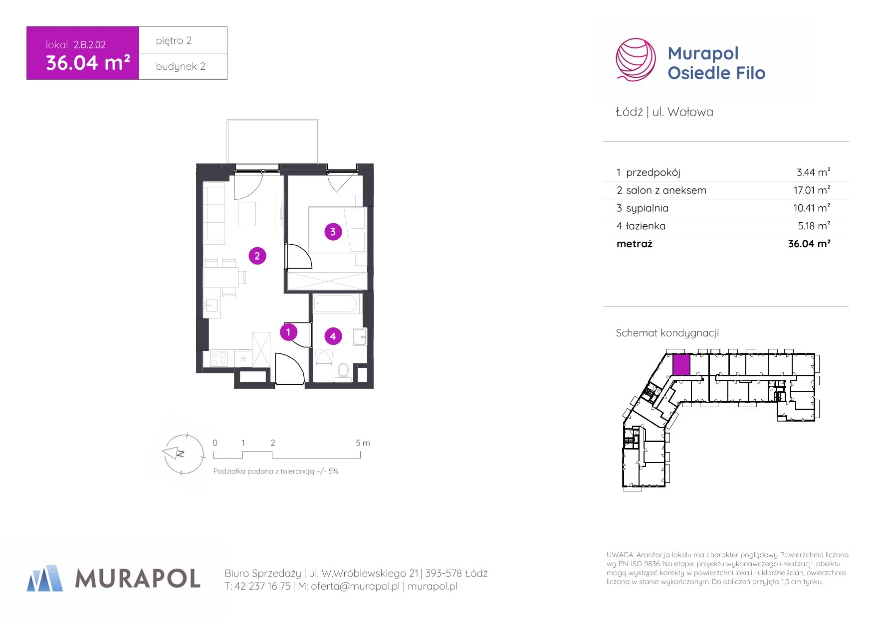 2 pokoje, mieszkanie 36,04 m², piętro 2, oferta nr 2.B.2.02, Murapol Osiedle Filo, Łódź, Polesie, Stare Polesie, ul. Wołowa