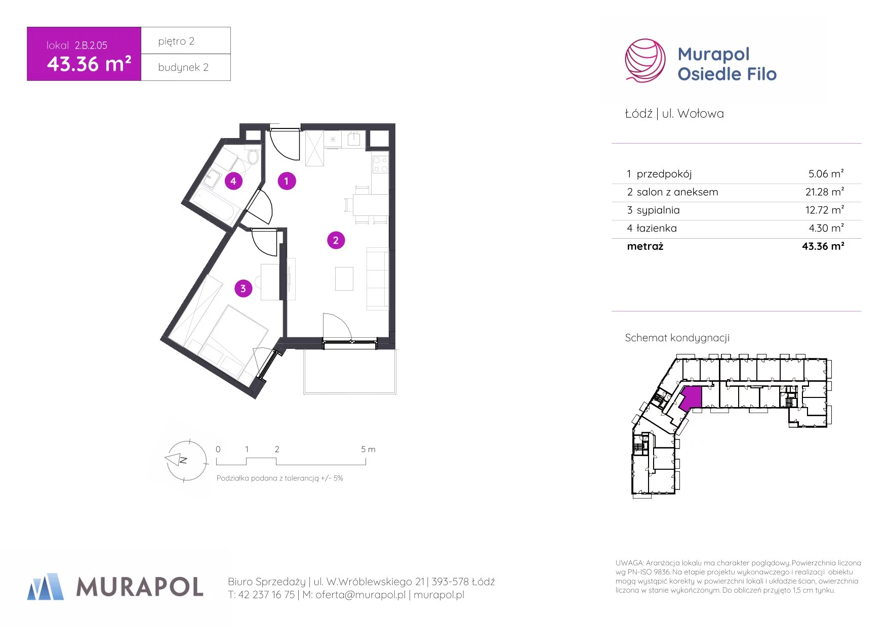 2 pokoje, mieszkanie 43,36 m², piętro 2, oferta nr 2.B.2.05, Murapol Osiedle Filo, Łódź, Polesie, Stare Polesie, ul. Wołowa