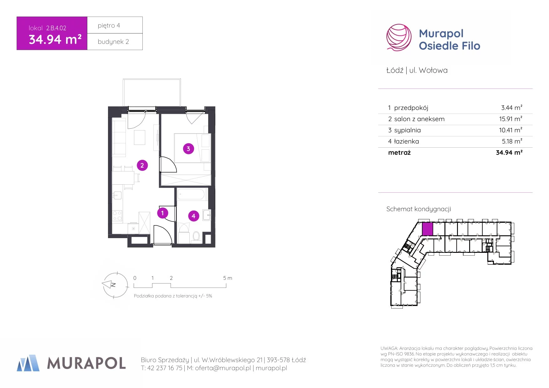 2 pokoje, mieszkanie 34,94 m², piętro 4, oferta nr 2.B.4.02, Murapol Osiedle Filo, Łódź, Polesie, Stare Polesie, ul. Wołowa