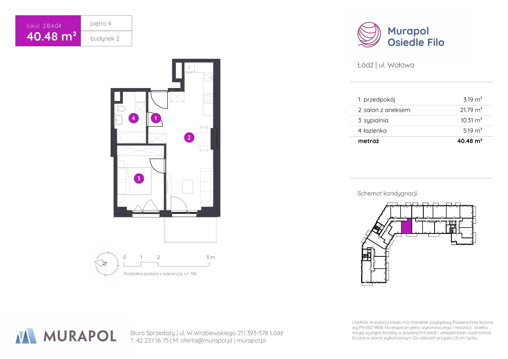 2 pokoje, mieszkanie 40,48 m², piętro 4, oferta nr 2.B.4.04, Murapol Osiedle Filo, Łódź, Polesie, Stare Polesie, ul. Wołowa