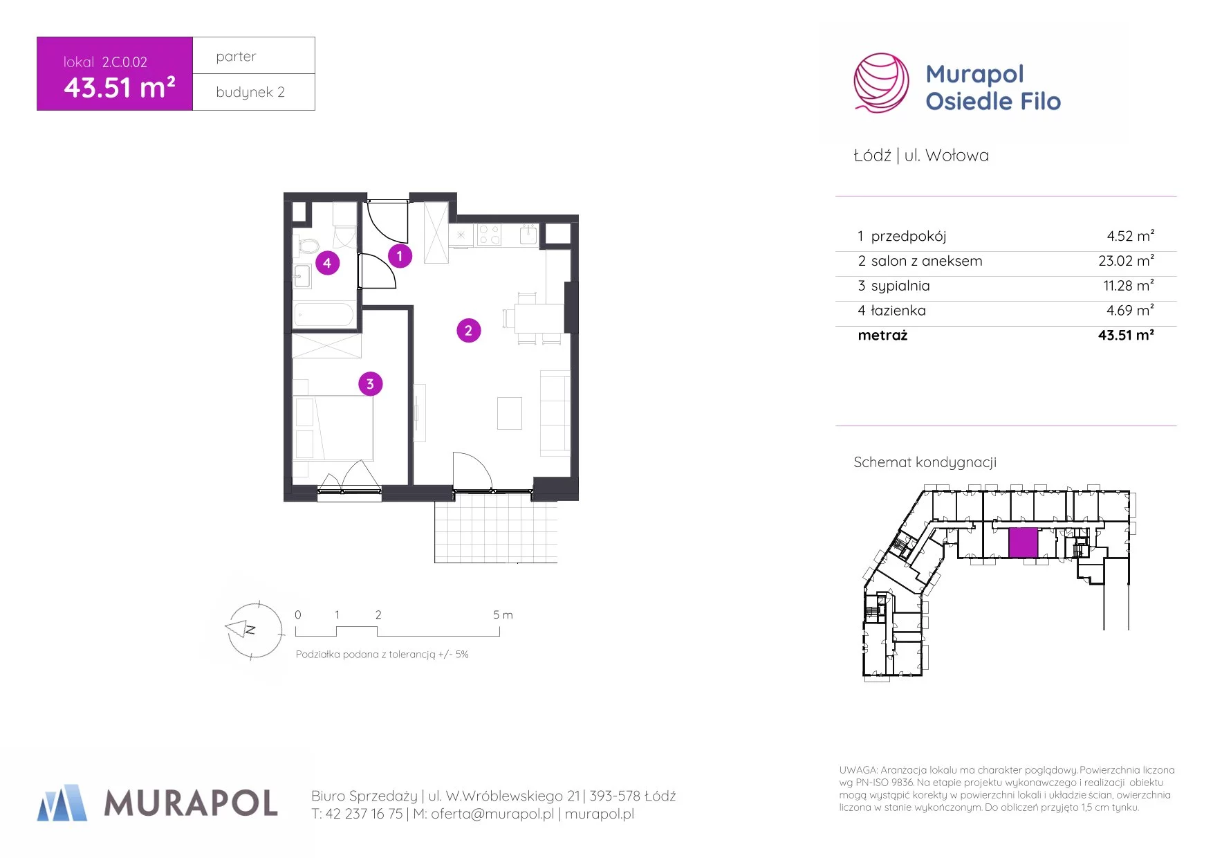 2 pokoje, mieszkanie 43,51 m², parter, oferta nr 2.C.0.02, Murapol Osiedle Filo, Łódź, Polesie, Stare Polesie, ul. Wołowa