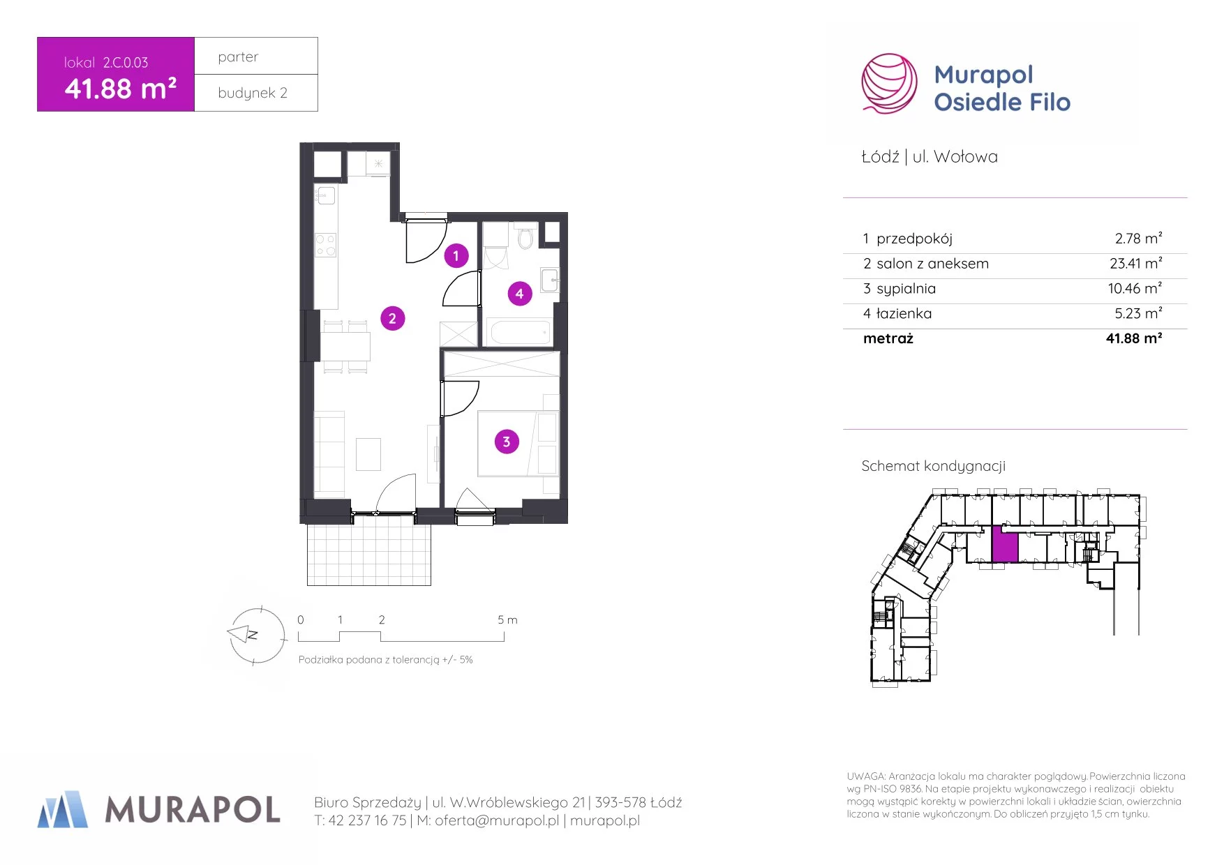 2 pokoje, mieszkanie 41,88 m², parter, oferta nr 2.C.0.03, Murapol Osiedle Filo, Łódź, Polesie, Stare Polesie, ul. Wołowa