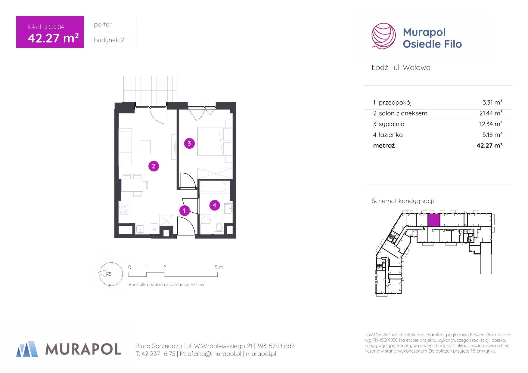 2 pokoje, mieszkanie 42,27 m², parter, oferta nr 2.C.0.04, Murapol Osiedle Filo, Łódź, Polesie, Stare Polesie, ul. Wołowa