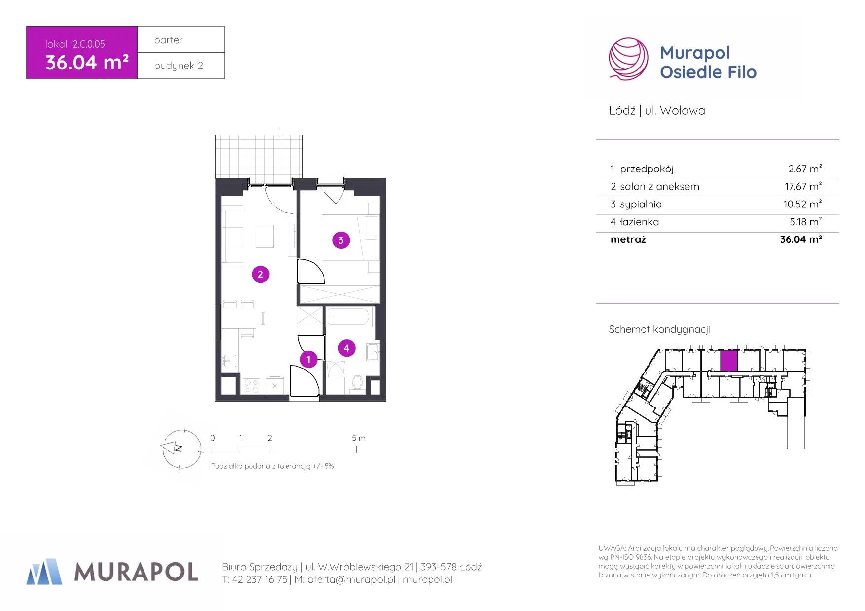 2 pokoje, mieszkanie 36,04 m², parter, oferta nr 2.C.0.05, Murapol Osiedle Filo, Łódź, Polesie, Stare Polesie, ul. Wołowa