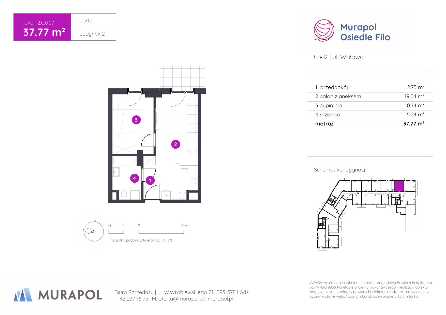 2 pokoje, mieszkanie 37,77 m², parter, oferta nr 2.C.0.07, Murapol Osiedle Filo, Łódź, Polesie, Stare Polesie, ul. Wołowa