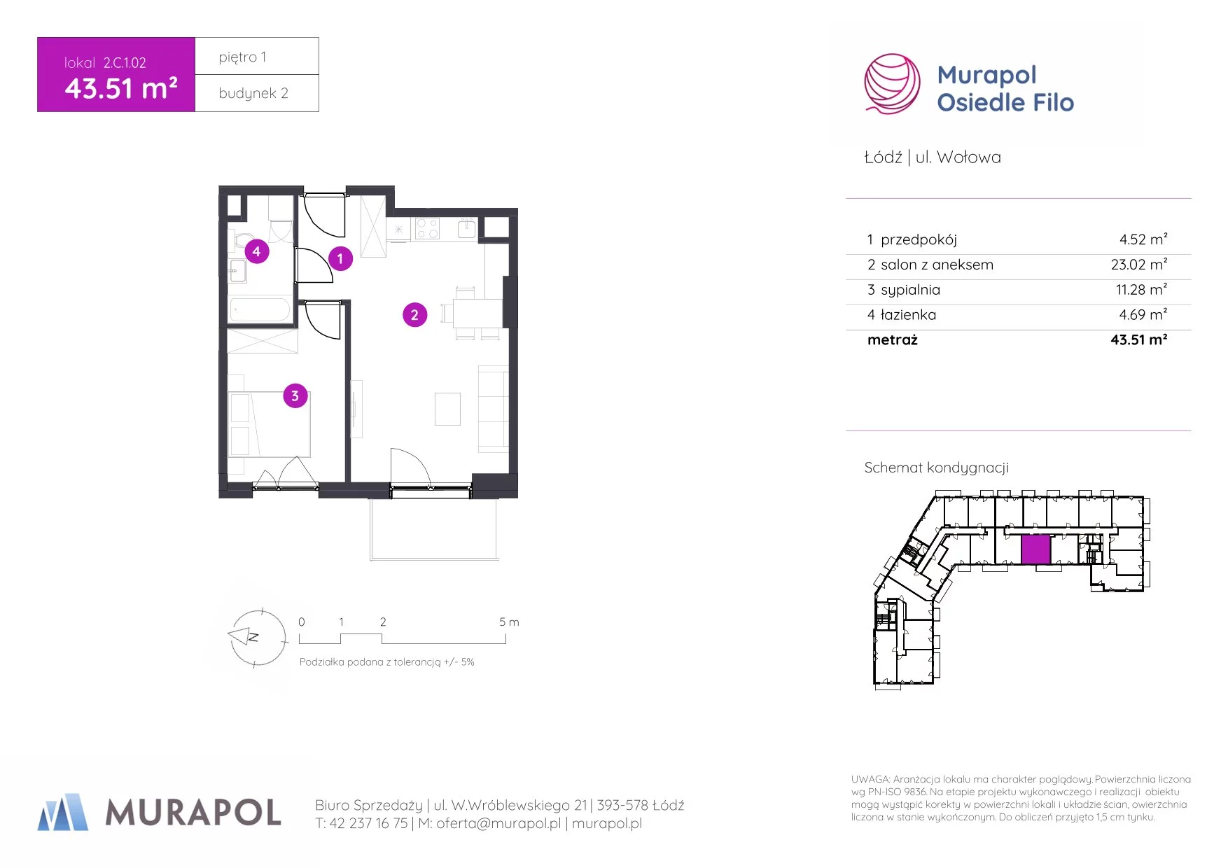 2 pokoje, mieszkanie 43,51 m², piętro 1, oferta nr 2.C.1.02, Murapol Osiedle Filo, Łódź, Polesie, Stare Polesie, ul. Wołowa