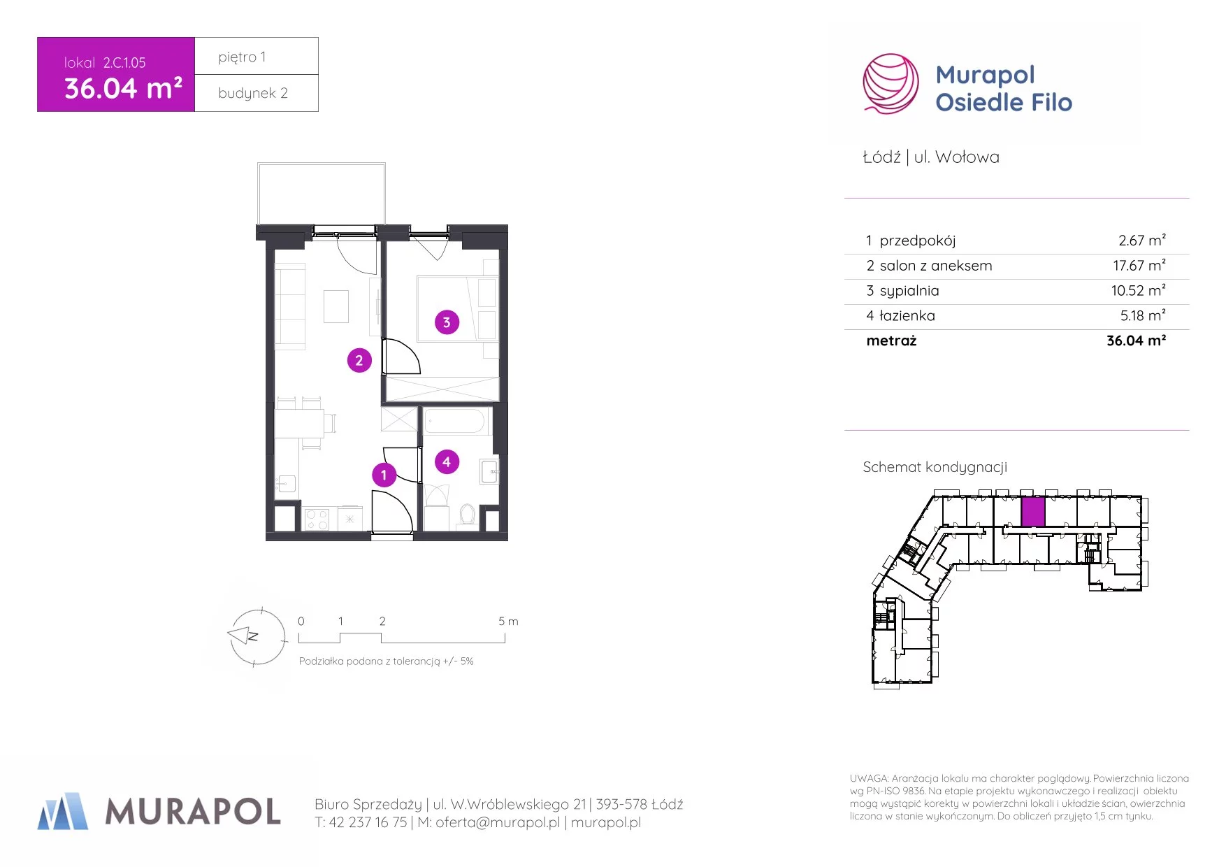 2 pokoje, mieszkanie 36,04 m², piętro 1, oferta nr 2.C.1.05, Murapol Osiedle Filo, Łódź, Polesie, Stare Polesie, ul. Wołowa