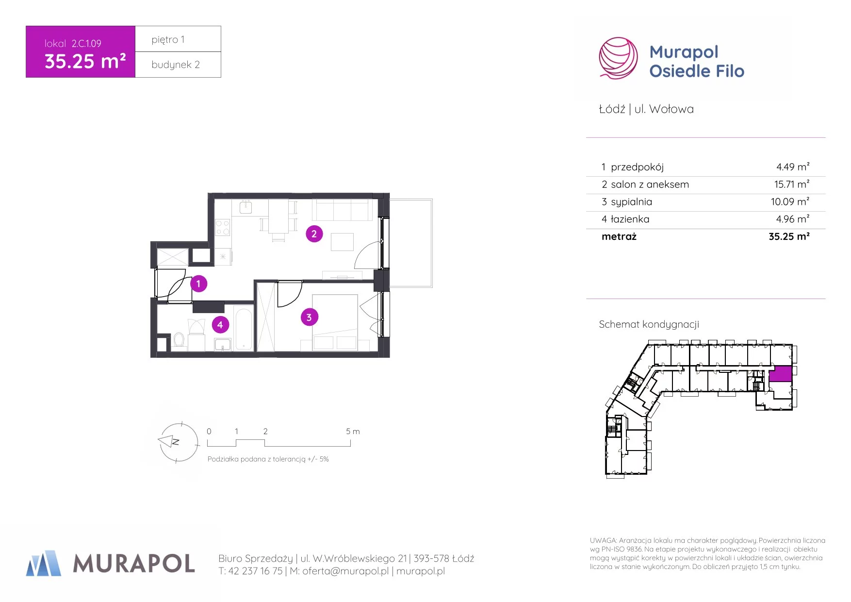 2 pokoje, mieszkanie 35,25 m², piętro 1, oferta nr 2.C.1.09, Murapol Osiedle Filo, Łódź, Polesie, Stare Polesie, ul. Wołowa