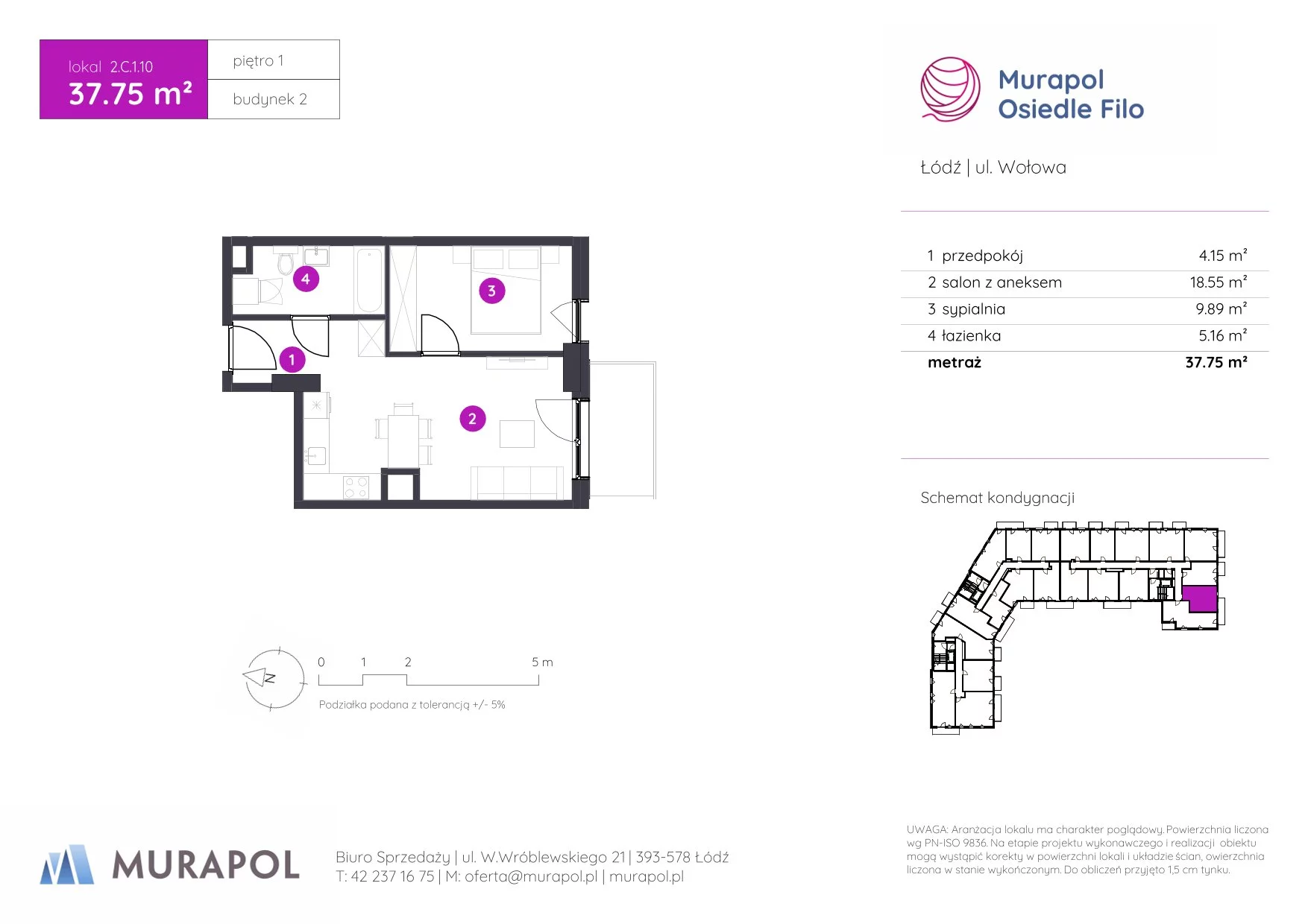 2 pokoje, mieszkanie 37,75 m², piętro 1, oferta nr 2.C.1.10, Murapol Osiedle Filo, Łódź, Polesie, Stare Polesie, ul. Wołowa