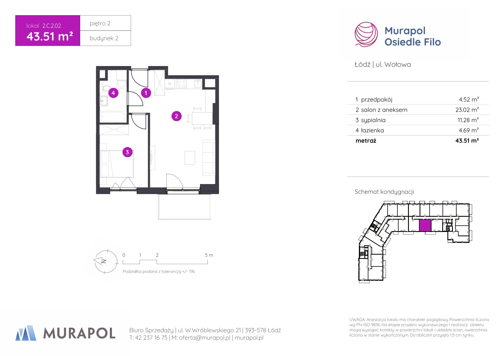 2 pokoje, mieszkanie 43,51 m², piętro 2, oferta nr 2.C.2.02, Murapol Osiedle Filo, Łódź, Polesie, Stare Polesie, ul. Wołowa