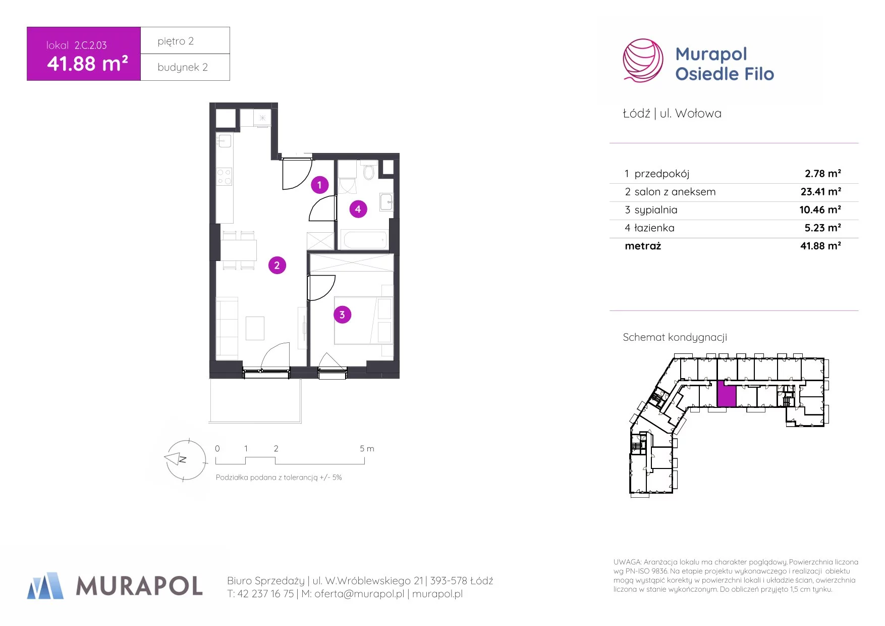 2 pokoje, mieszkanie 41,88 m², piętro 2, oferta nr 2.C.2.03, Murapol Osiedle Filo, Łódź, Polesie, Stare Polesie, ul. Wołowa