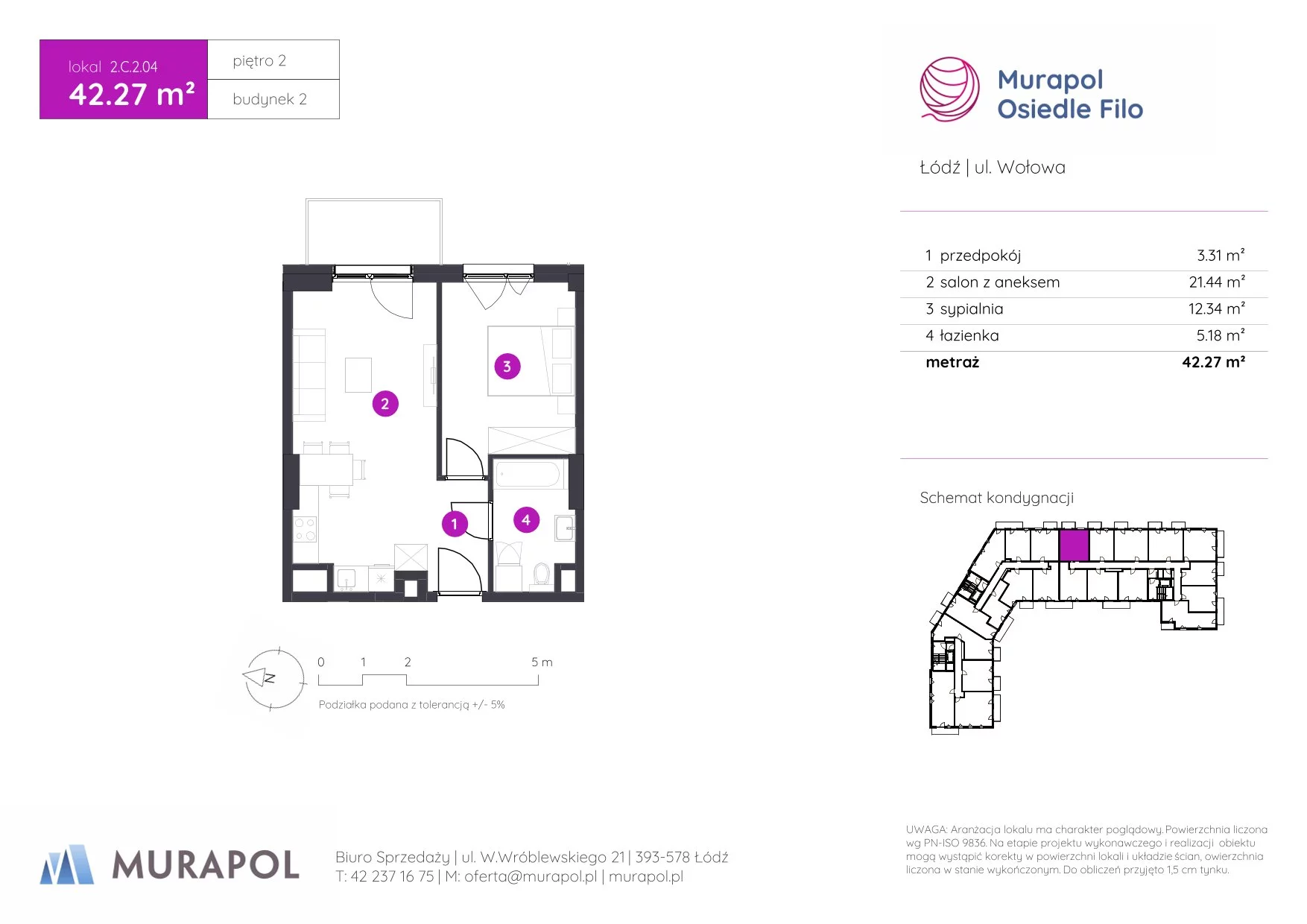 2 pokoje, mieszkanie 42,27 m², piętro 2, oferta nr 2.C.2.04, Murapol Osiedle Filo, Łódź, Polesie, Stare Polesie, ul. Wołowa