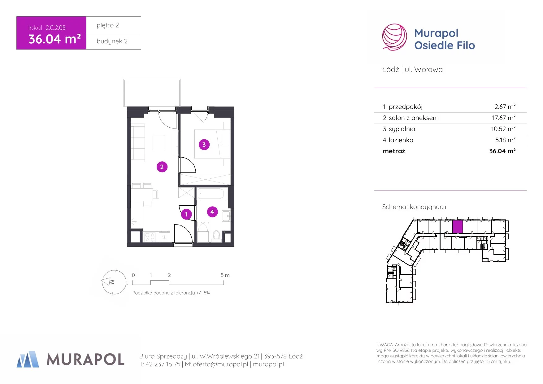 2 pokoje, mieszkanie 36,04 m², piętro 2, oferta nr 2.C.2.05, Murapol Osiedle Filo, Łódź, Polesie, Stare Polesie, ul. Wołowa