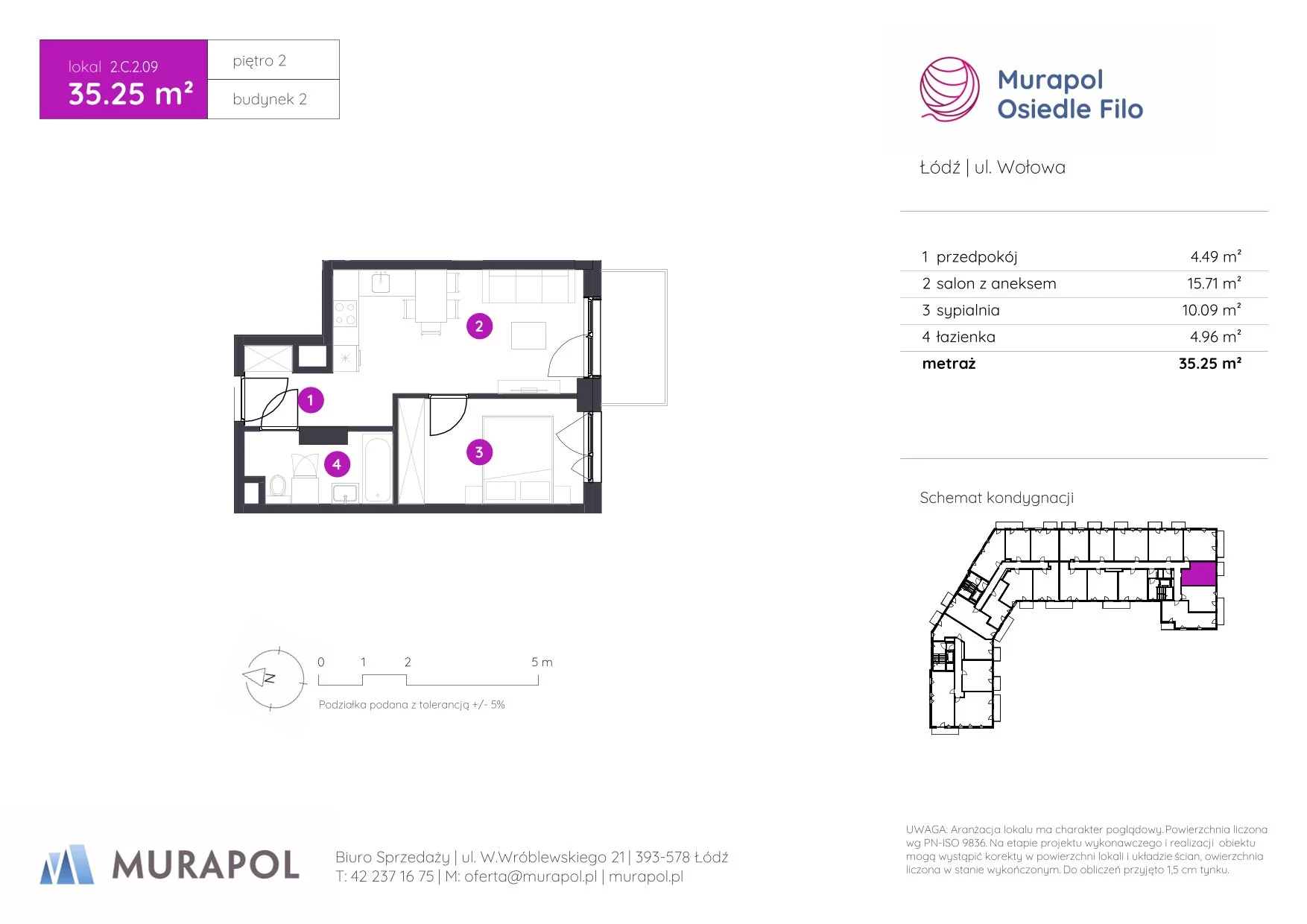 2 pokoje, mieszkanie 35,25 m², piętro 2, oferta nr 2.C.2.09, Murapol Osiedle Filo, Łódź, Polesie, Stare Polesie, ul. Wołowa