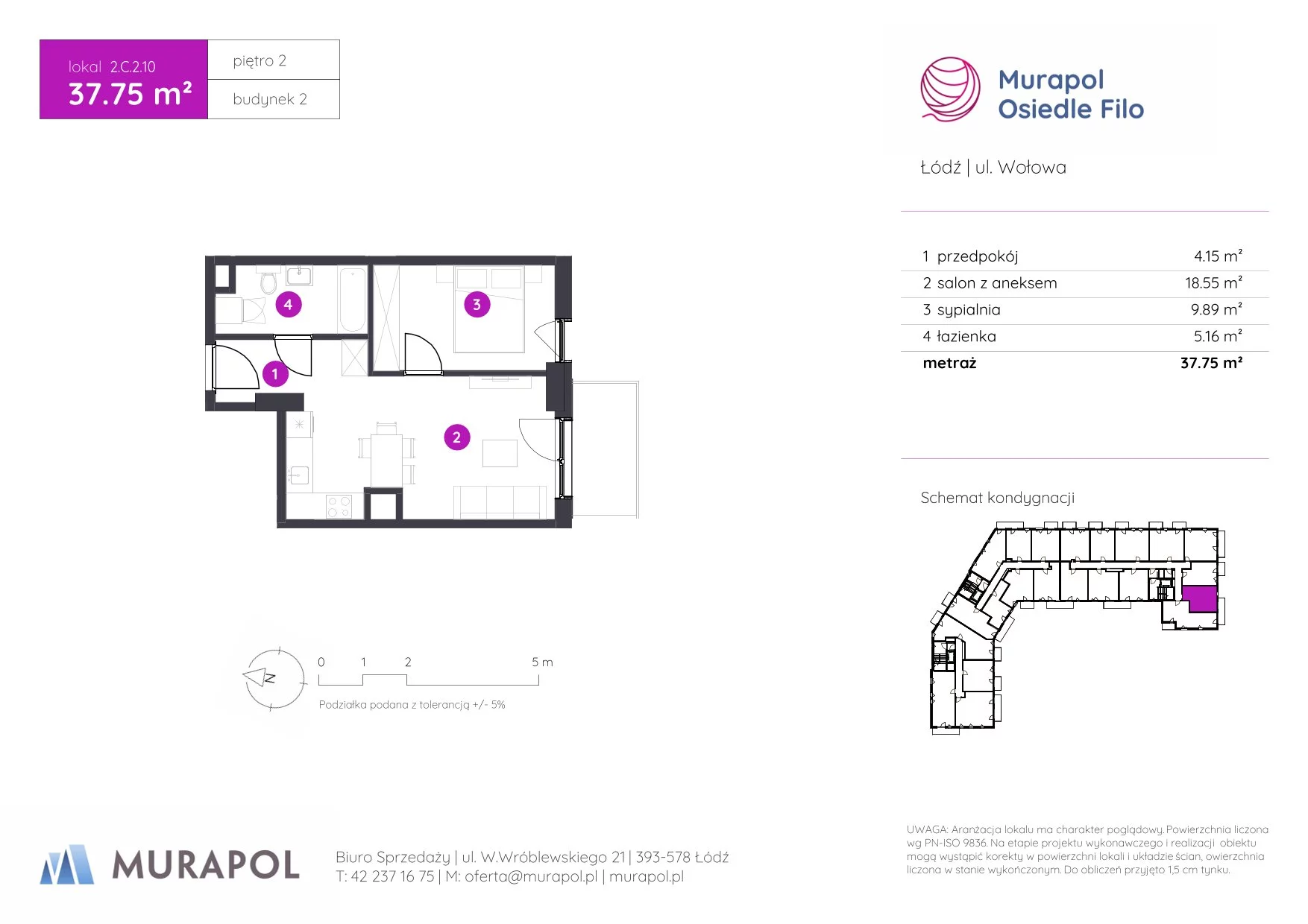 2 pokoje, mieszkanie 37,75 m², piętro 2, oferta nr 2.C.2.10, Murapol Osiedle Filo, Łódź, Polesie, Stare Polesie, ul. Wołowa