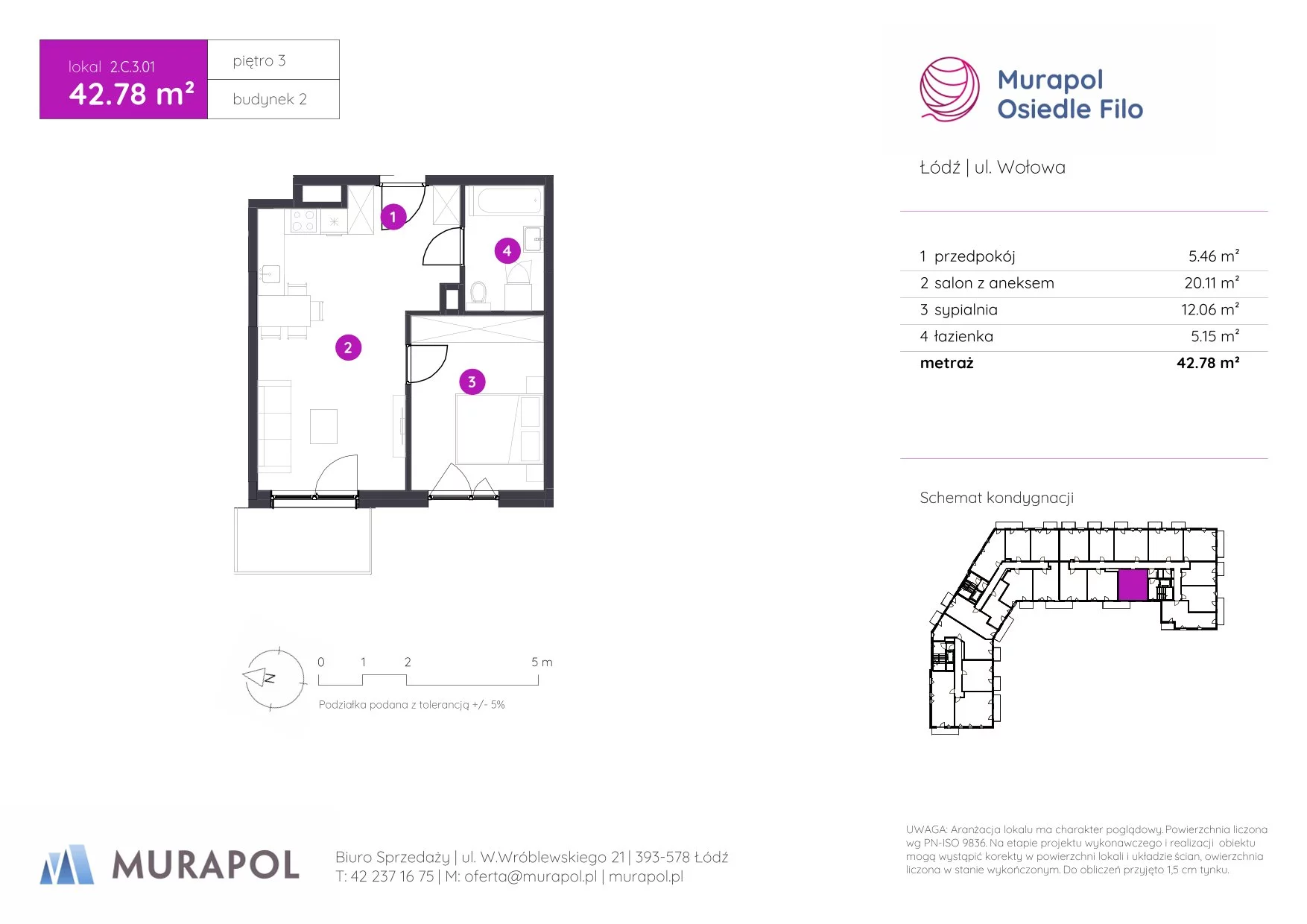 2 pokoje, mieszkanie 42,78 m², piętro 3, oferta nr 2.C.3.01, Murapol Osiedle Filo, Łódź, Polesie, Stare Polesie, ul. Wołowa