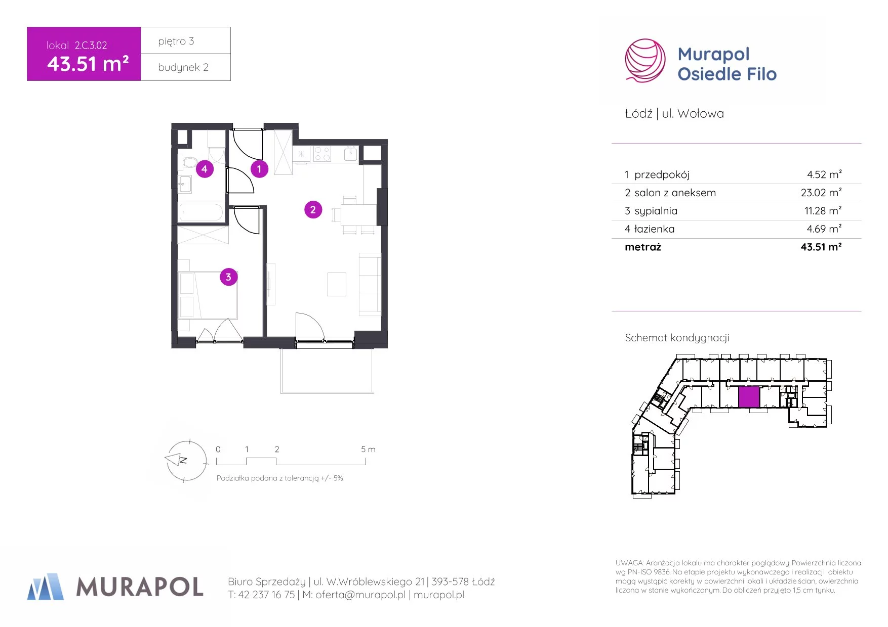 2 pokoje, mieszkanie 43,51 m², piętro 3, oferta nr 2.C.3.02, Murapol Osiedle Filo, Łódź, Polesie, Stare Polesie, ul. Wołowa