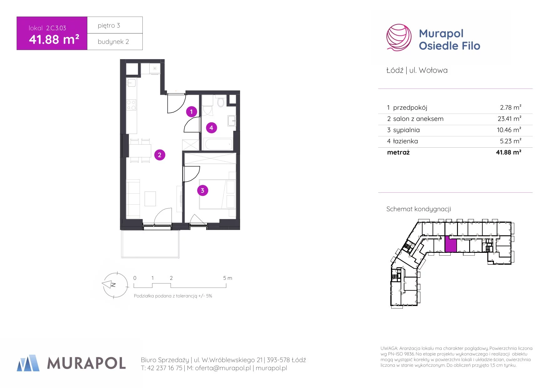 2 pokoje, mieszkanie 41,88 m², piętro 3, oferta nr 2.C.3.03, Murapol Osiedle Filo, Łódź, Polesie, Stare Polesie, ul. Wołowa