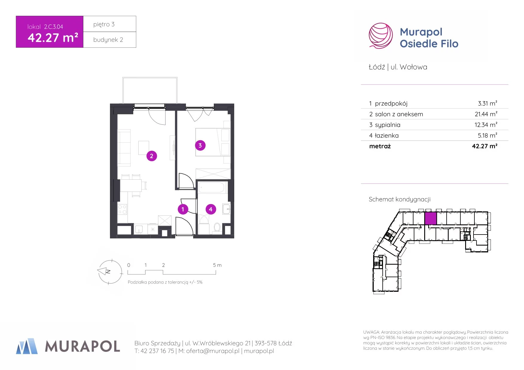 2 pokoje, mieszkanie 42,27 m², piętro 3, oferta nr 2.C.3.04, Murapol Osiedle Filo, Łódź, Polesie, Stare Polesie, ul. Wołowa