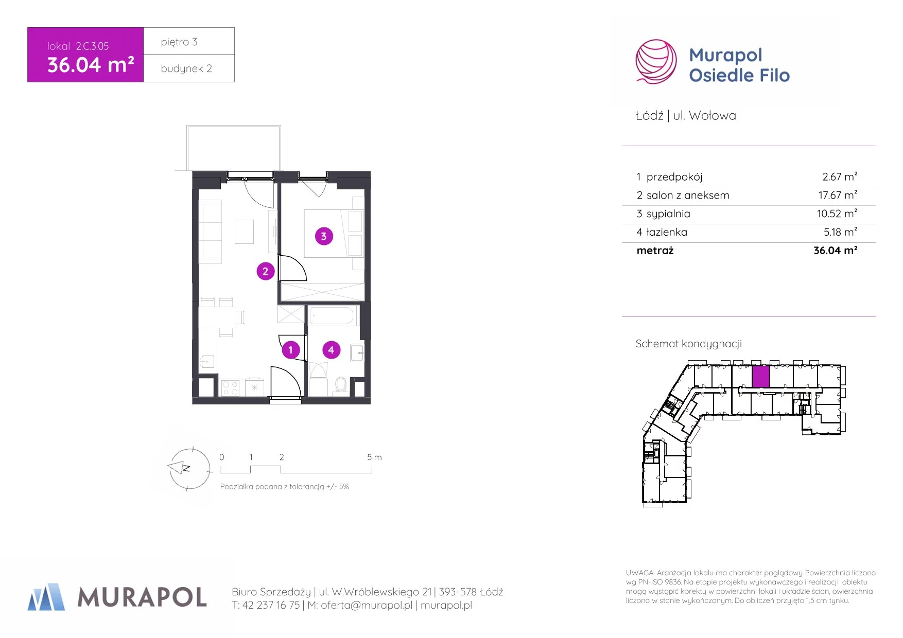 2 pokoje, mieszkanie 36,04 m², piętro 3, oferta nr 2.C.3.05, Murapol Osiedle Filo, Łódź, Polesie, Stare Polesie, ul. Wołowa