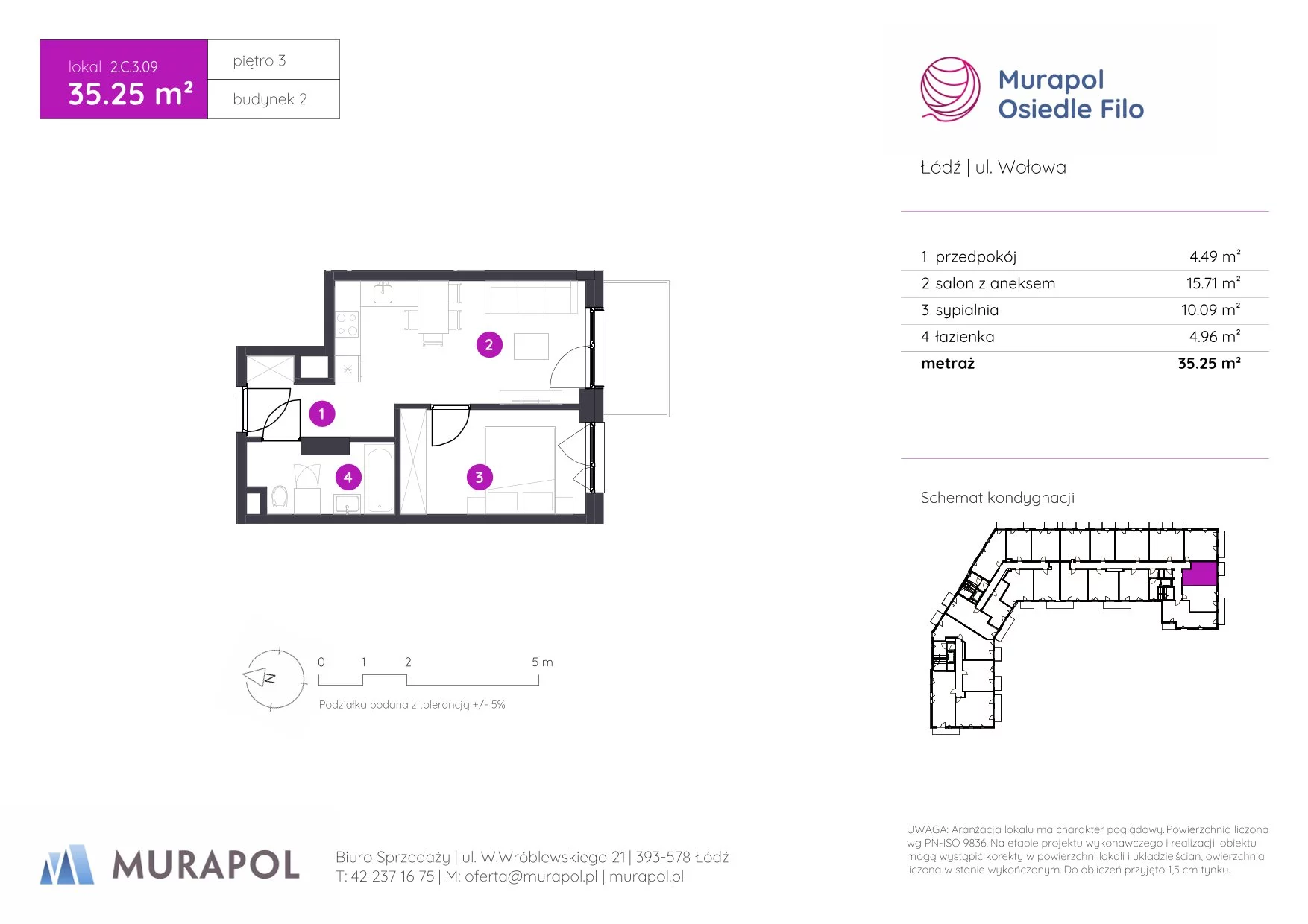 2 pokoje, mieszkanie 35,25 m², piętro 3, oferta nr 2.C.3.09, Murapol Osiedle Filo, Łódź, Polesie, Stare Polesie, ul. Wołowa