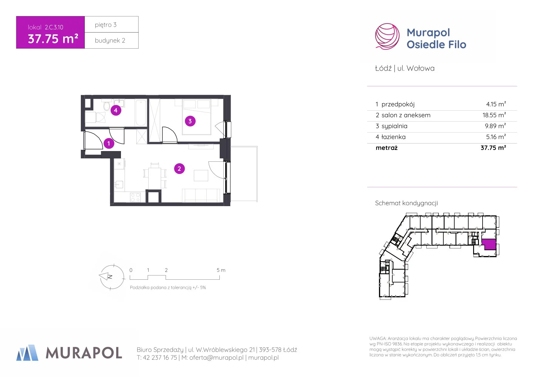 2 pokoje, mieszkanie 37,75 m², piętro 3, oferta nr 2.C.3.10, Murapol Osiedle Filo, Łódź, Polesie, Stare Polesie, ul. Wołowa