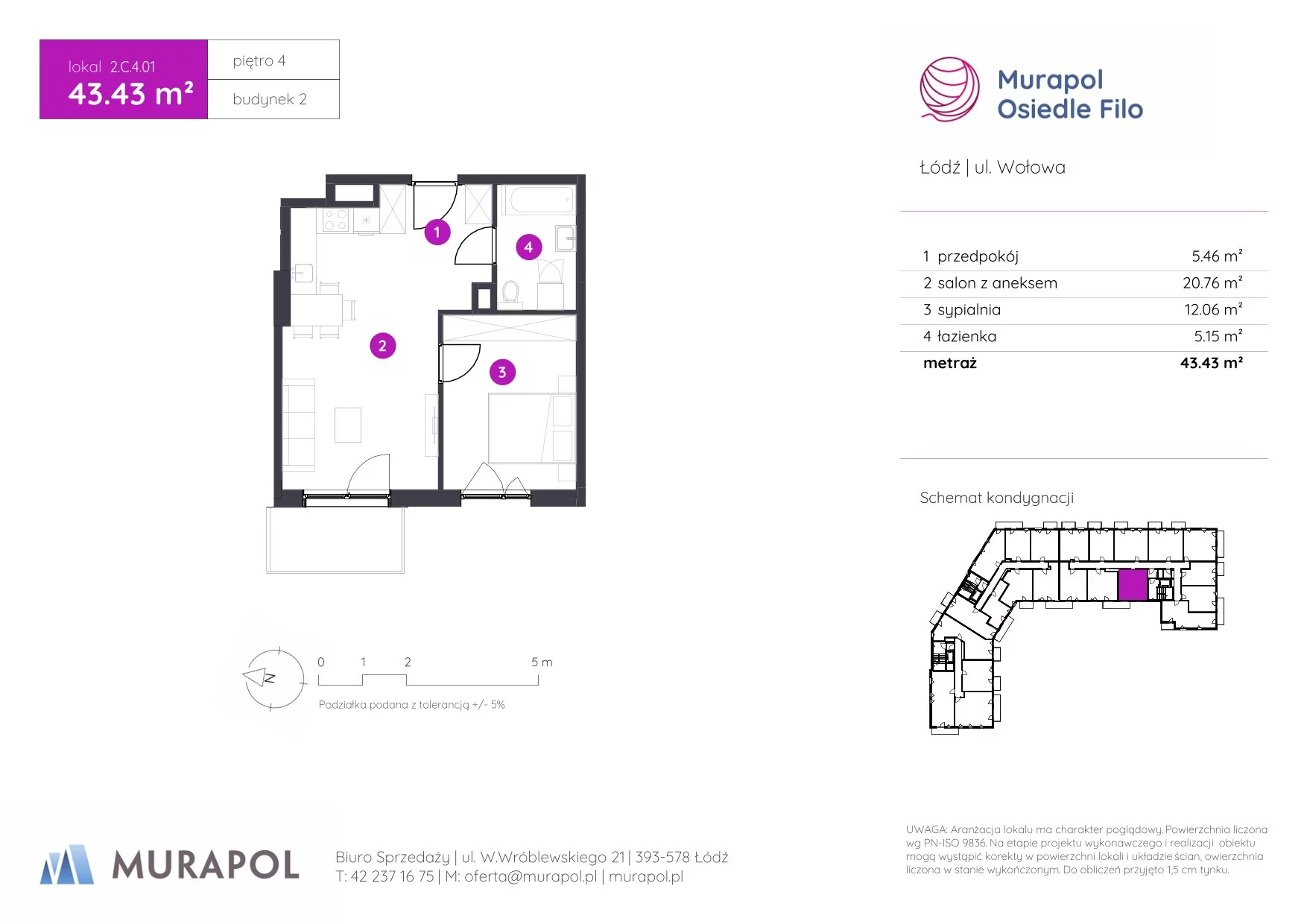 2 pokoje, mieszkanie 43,43 m², piętro 4, oferta nr 2.C.4.01, Murapol Osiedle Filo, Łódź, Polesie, Stare Polesie, ul. Wołowa