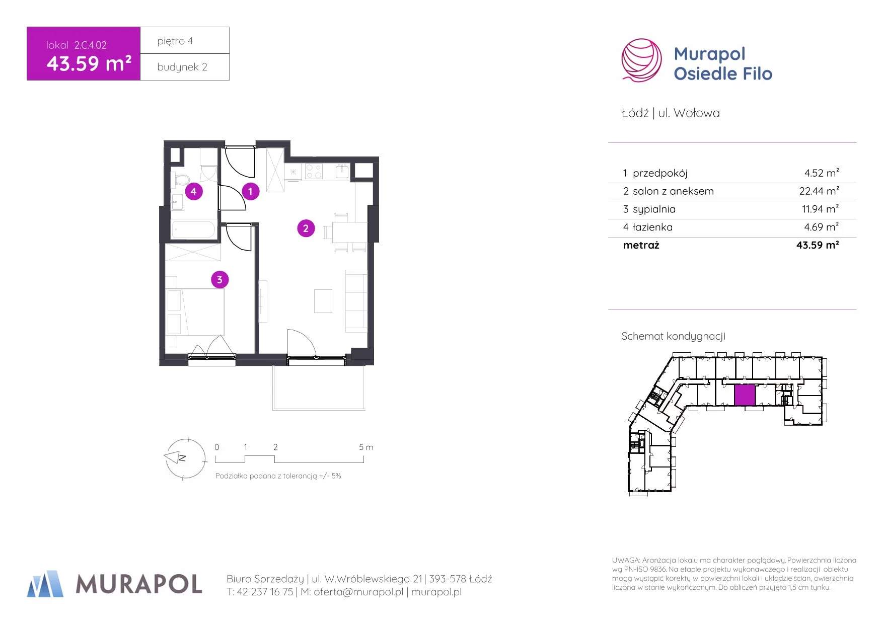 2 pokoje, mieszkanie 43,59 m², piętro 4, oferta nr 2.C.4.02, Murapol Osiedle Filo, Łódź, Polesie, Stare Polesie, ul. Wołowa