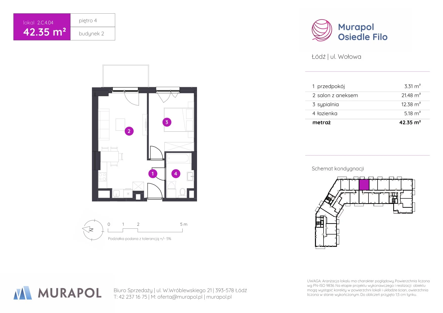 2 pokoje, mieszkanie 42,35 m², piętro 4, oferta nr 2.C.4.04, Murapol Osiedle Filo, Łódź, Polesie, Stare Polesie, ul. Wołowa