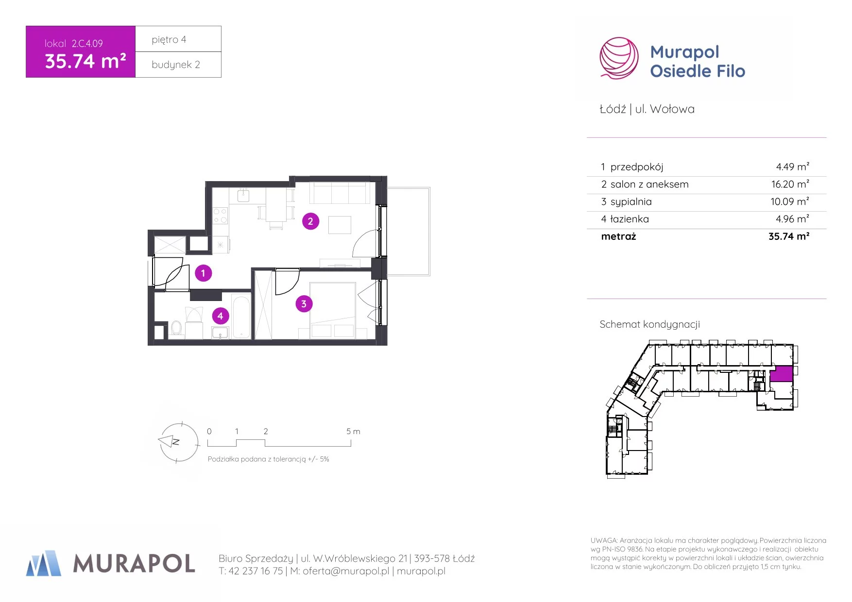 2 pokoje, mieszkanie 35,74 m², piętro 4, oferta nr 2.C.4.09, Murapol Osiedle Filo, Łódź, Polesie, Stare Polesie, ul. Wołowa