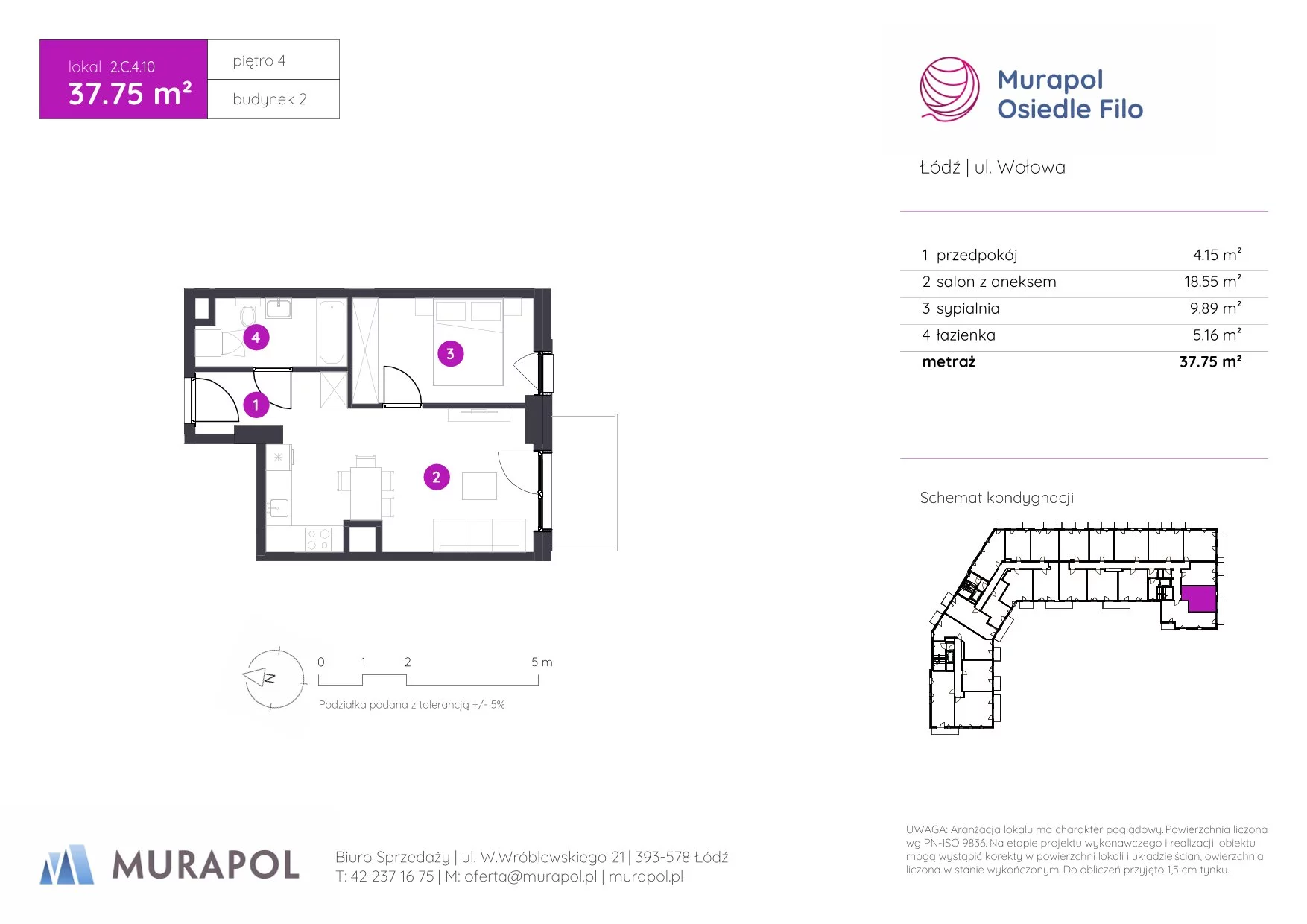 2 pokoje, mieszkanie 37,75 m², piętro 4, oferta nr 2.C.4.10, Murapol Osiedle Filo, Łódź, Polesie, Stare Polesie, ul. Wołowa