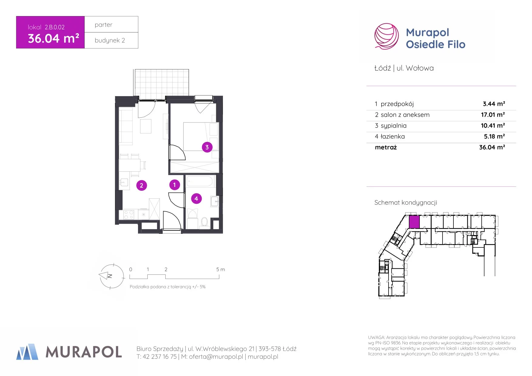 2 pokoje, mieszkanie 36,04 m², parter, oferta nr 2.B.0.02, Murapol Osiedle Filo, Łódź, Polesie, Stare Polesie, ul. Wołowa