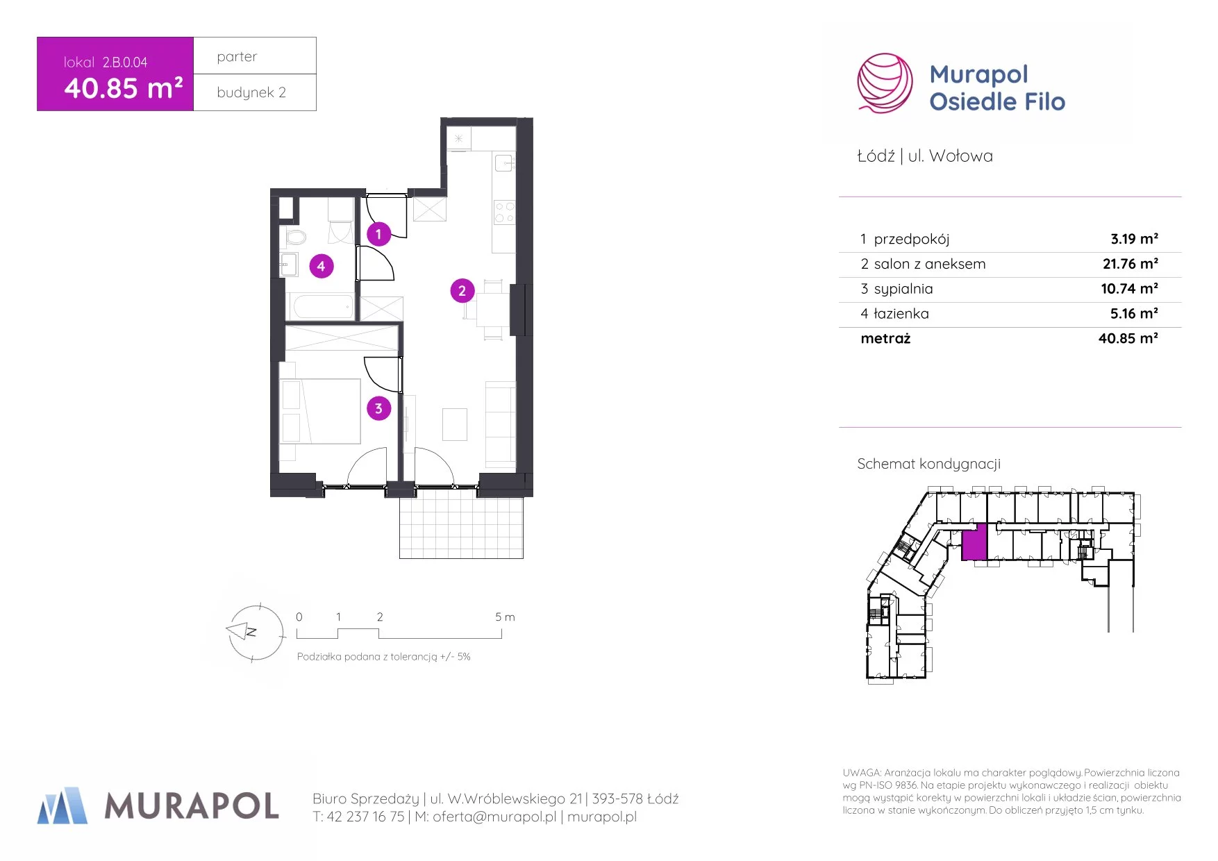 2 pokoje, mieszkanie 40,85 m², parter, oferta nr 2.B.0.04, Murapol Osiedle Filo, Łódź, Polesie, Stare Polesie, ul. Wołowa