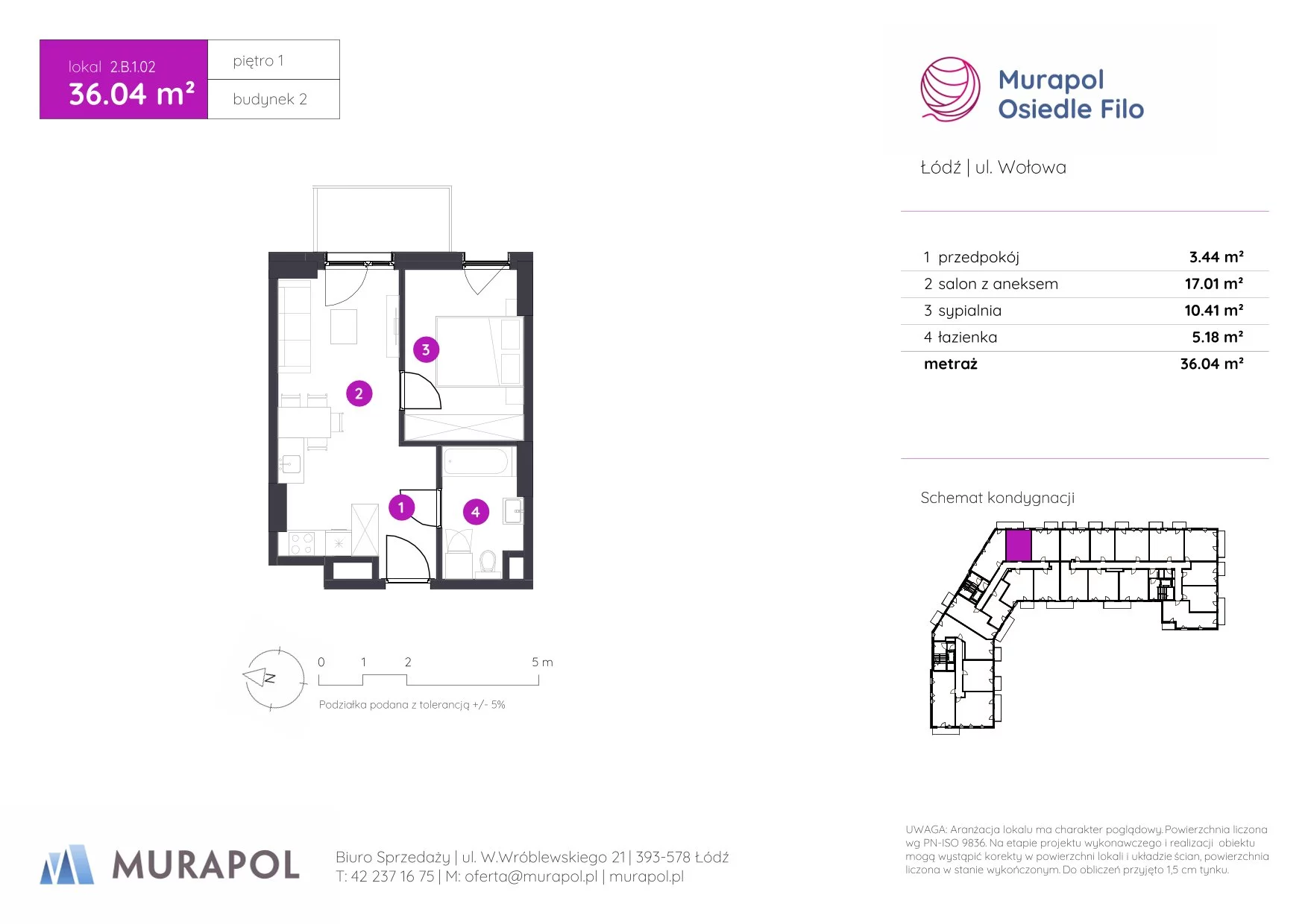 2 pokoje, mieszkanie 36,04 m², piętro 1, oferta nr 2.B.1.02, Murapol Osiedle Filo, Łódź, Polesie, Stare Polesie, ul. Wołowa