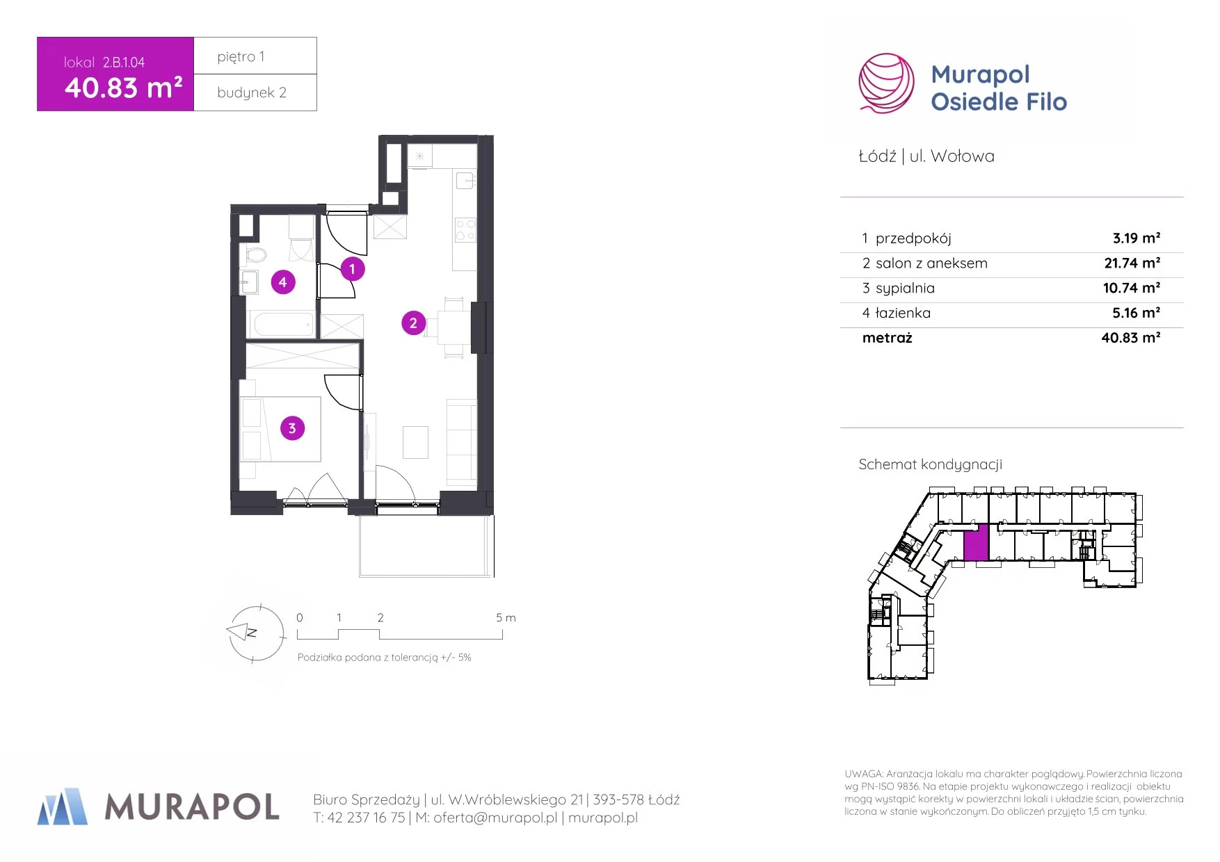 2 pokoje, mieszkanie 40,83 m², piętro 1, oferta nr 2.B.1.04, Murapol Osiedle Filo, Łódź, Polesie, Stare Polesie, ul. Wołowa