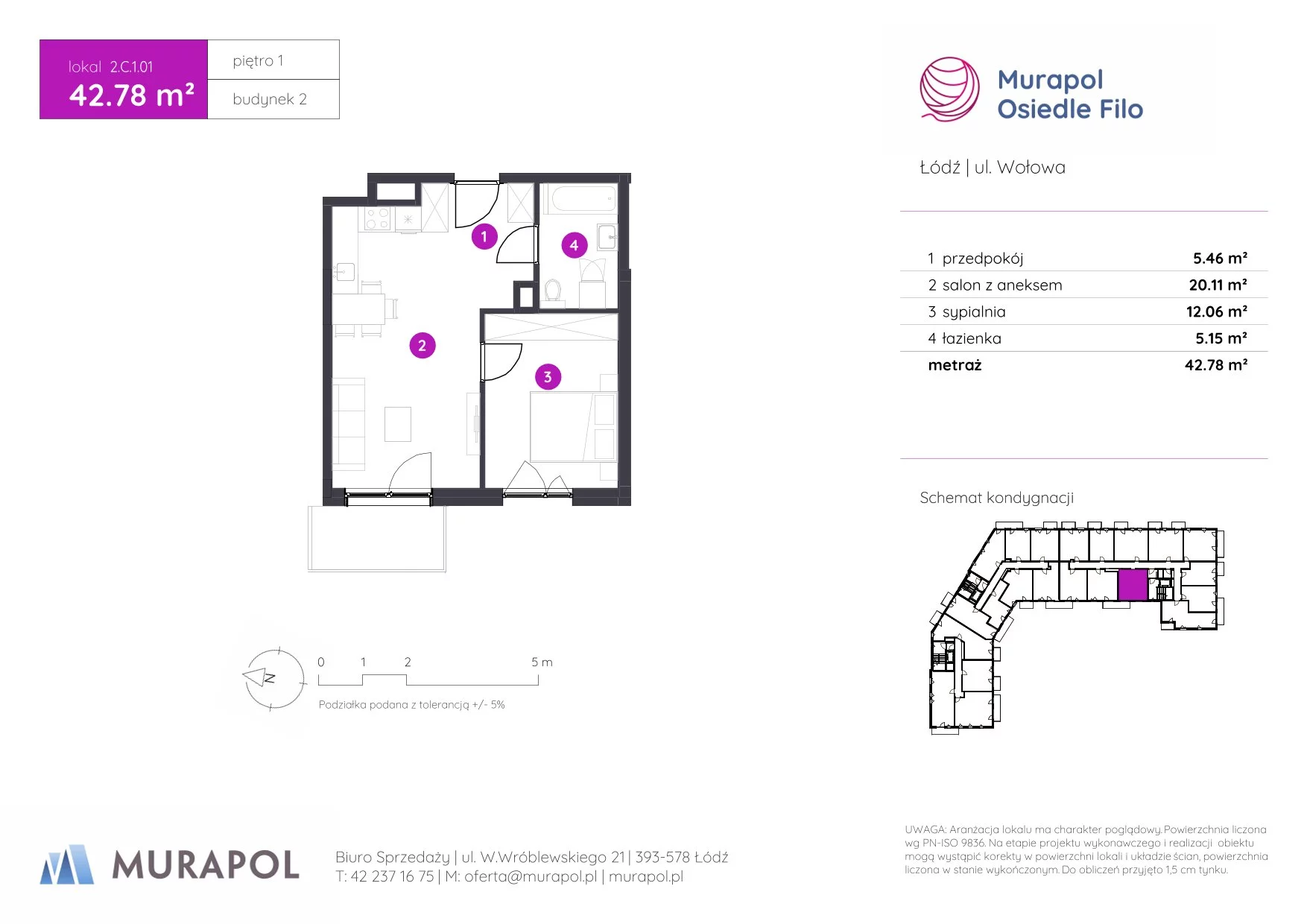2 pokoje, mieszkanie 42,78 m², piętro 1, oferta nr 2.C.1.01, Murapol Osiedle Filo, Łódź, Polesie, Stare Polesie, ul. Wołowa