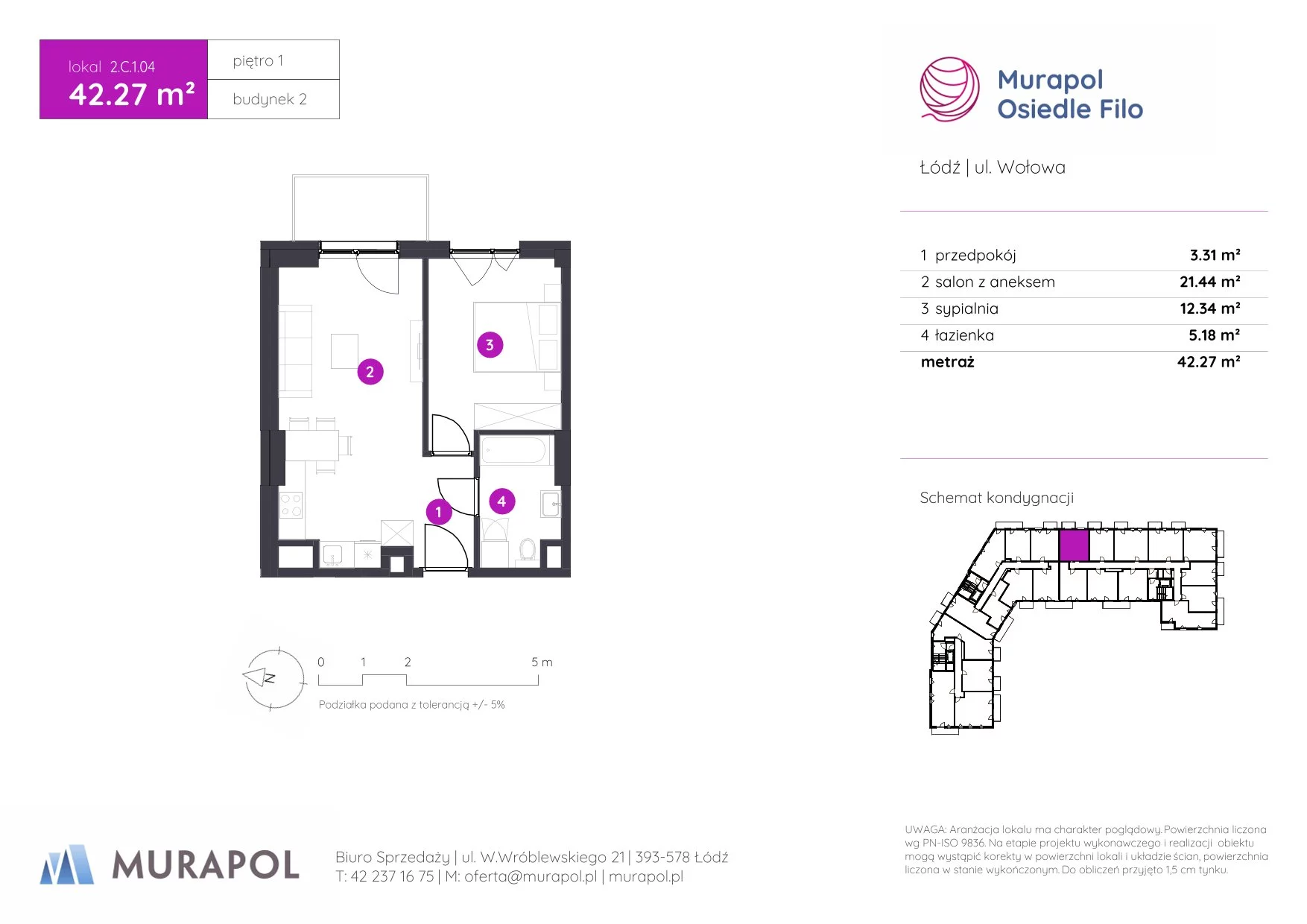 2 pokoje, mieszkanie 42,27 m², piętro 1, oferta nr 2.C.1.04, Murapol Osiedle Filo, Łódź, Polesie, Stare Polesie, ul. Wołowa