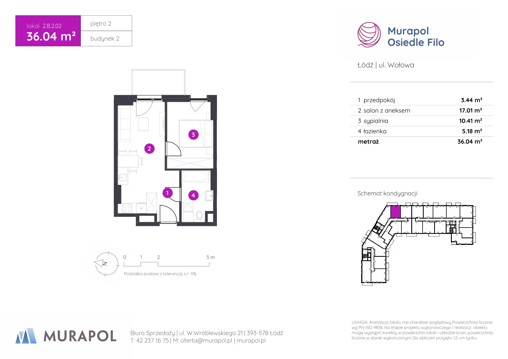 2 pokoje, mieszkanie 36,04 m², piętro 2, oferta nr 2.B.2.02, Murapol Osiedle Filo, Łódź, Polesie, Stare Polesie, ul. Wołowa