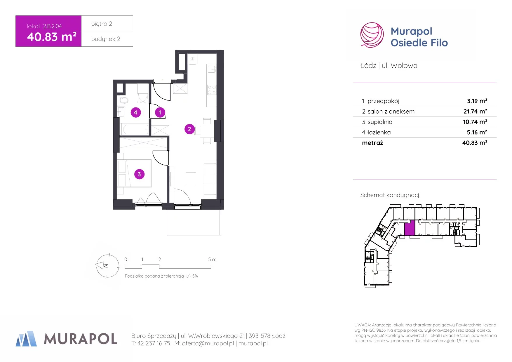 2 pokoje, mieszkanie 40,83 m², piętro 2, oferta nr 2.B.2.04, Murapol Osiedle Filo, Łódź, Polesie, Stare Polesie, ul. Wołowa
