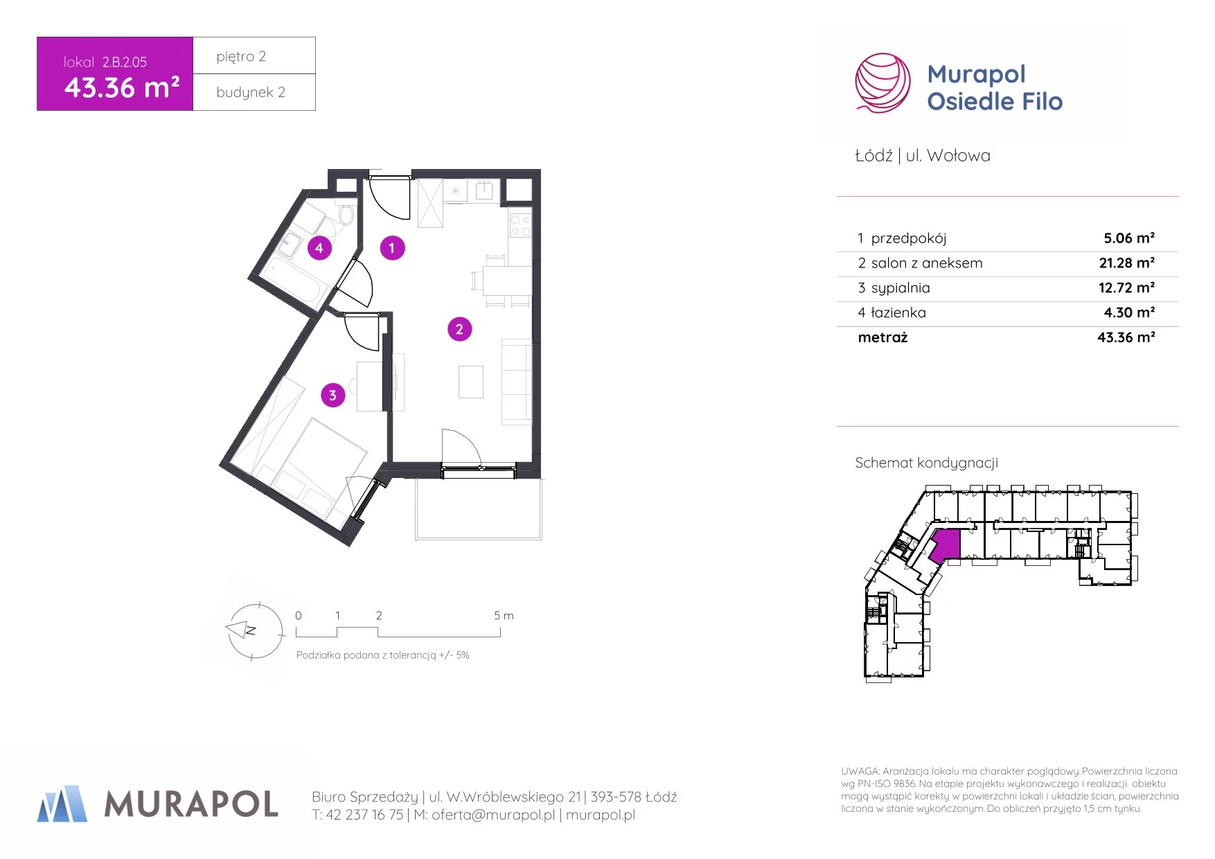 2 pokoje, mieszkanie 43,36 m², piętro 2, oferta nr 2.B.2.05, Murapol Osiedle Filo, Łódź, Polesie, Stare Polesie, ul. Wołowa