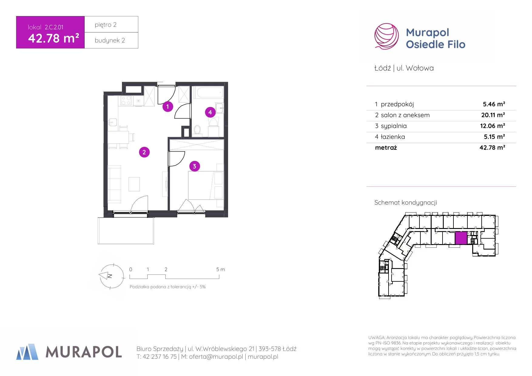 2 pokoje, mieszkanie 42,78 m², piętro 2, oferta nr 2.C.2.01, Murapol Osiedle Filo, Łódź, Polesie, Stare Polesie, ul. Wołowa
