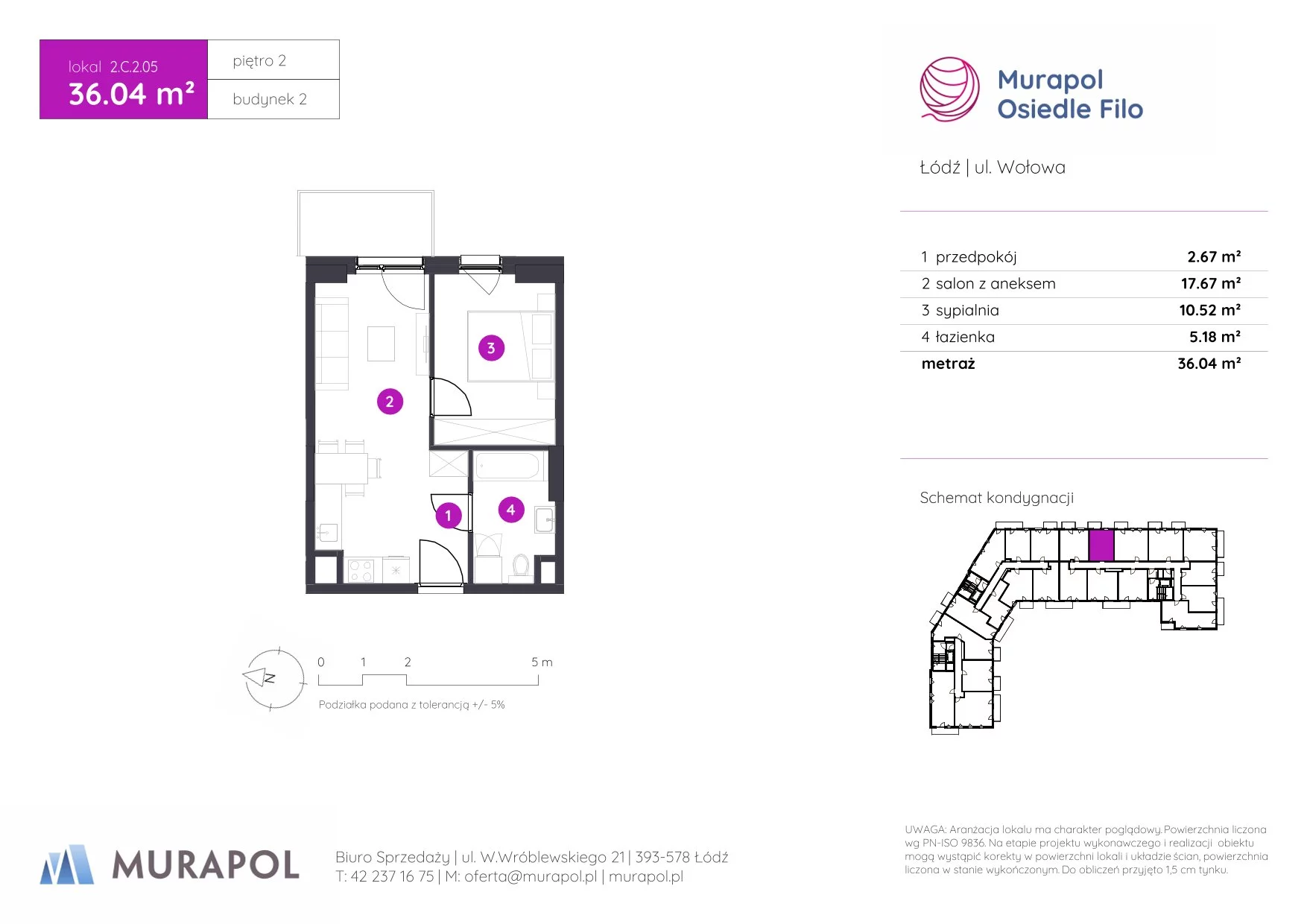 2 pokoje, mieszkanie 36,04 m², piętro 2, oferta nr 2.C.2.05, Murapol Osiedle Filo, Łódź, Polesie, Stare Polesie, ul. Wołowa