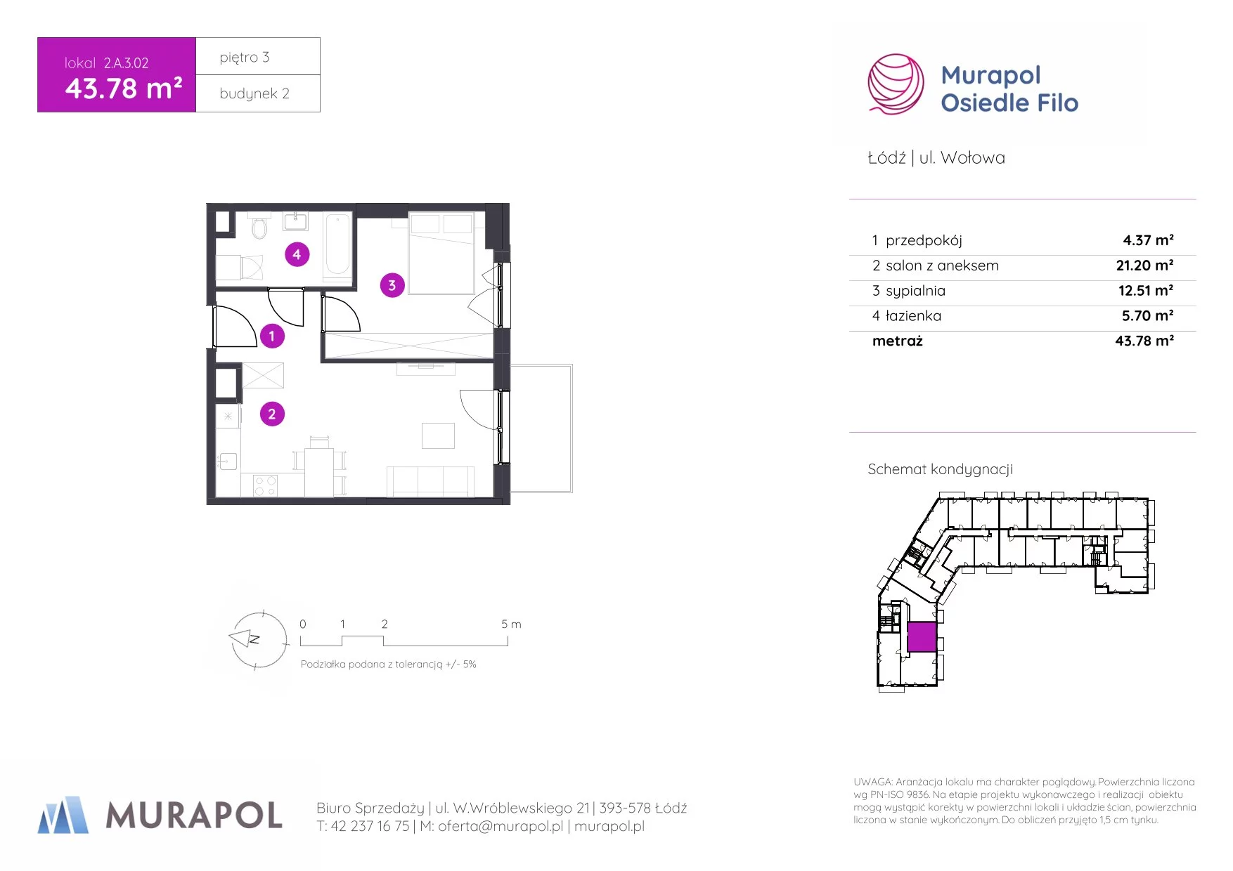 2 pokoje, mieszkanie 43,78 m², piętro 3, oferta nr 2.A.3.02, Murapol Osiedle Filo, Łódź, Polesie, Stare Polesie, ul. Wołowa