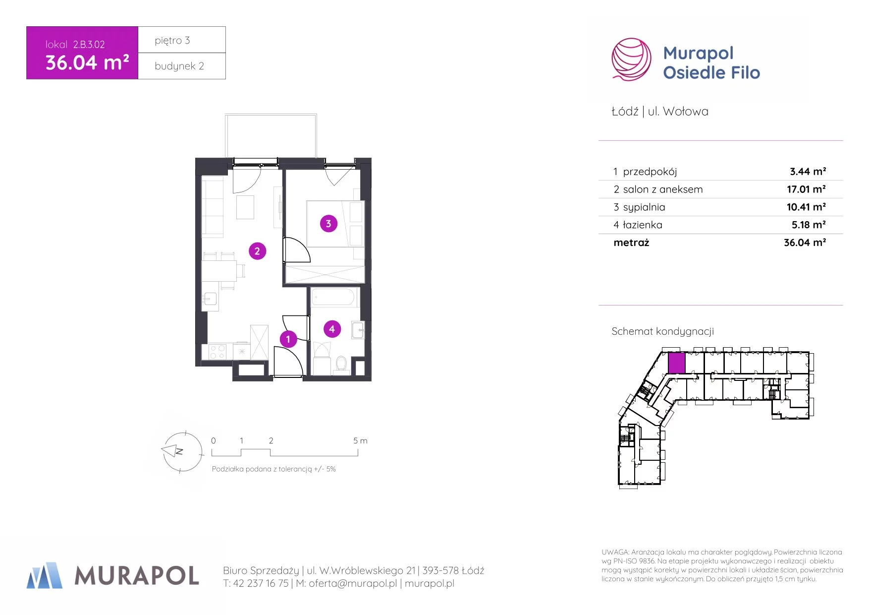 2 pokoje, mieszkanie 36,04 m², piętro 3, oferta nr 2.B.3.02, Murapol Osiedle Filo, Łódź, Polesie, Stare Polesie, ul. Wołowa