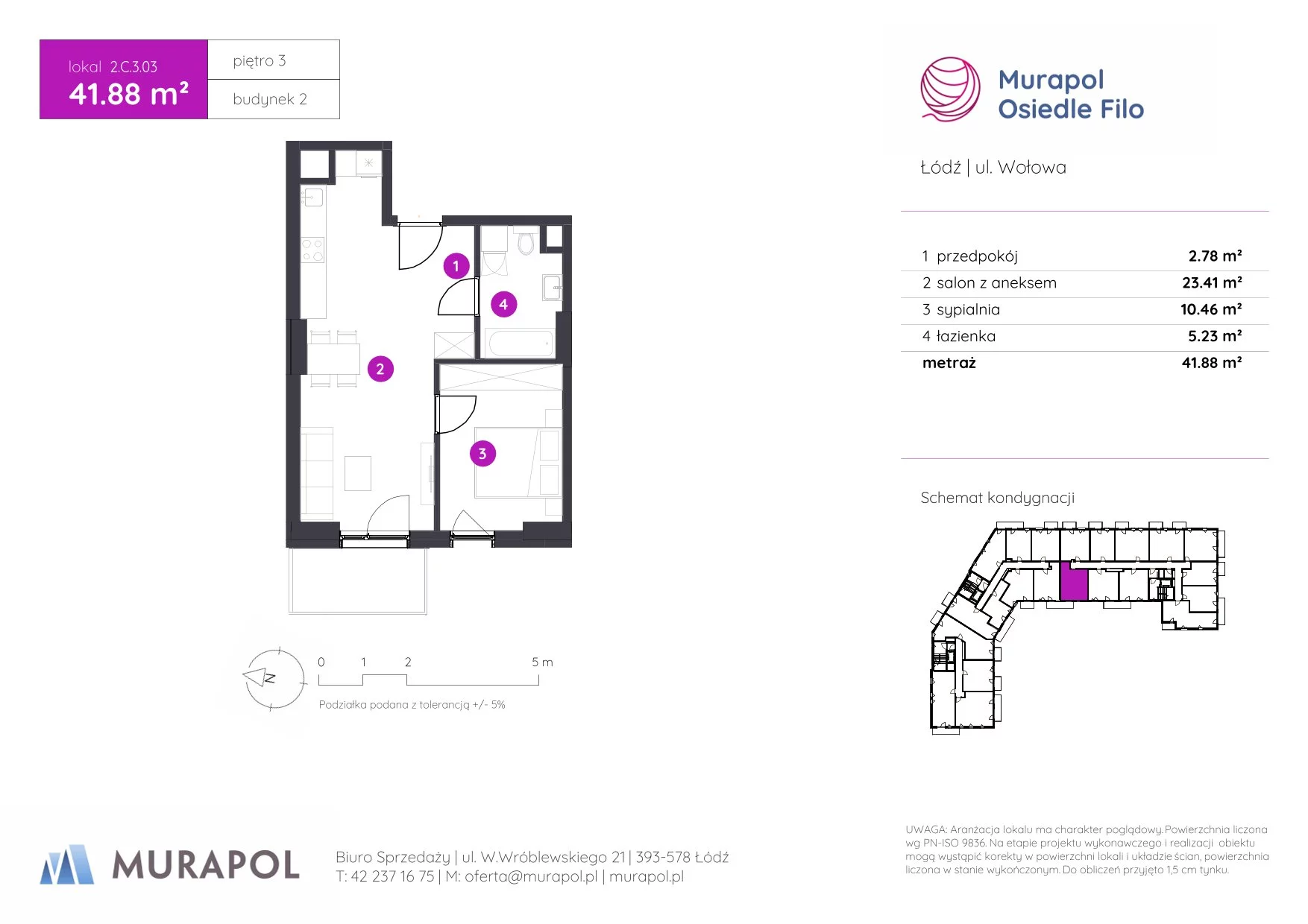2 pokoje, mieszkanie 41,88 m², piętro 3, oferta nr 2.C.3.03, Murapol Osiedle Filo, Łódź, Polesie, Stare Polesie, ul. Wołowa