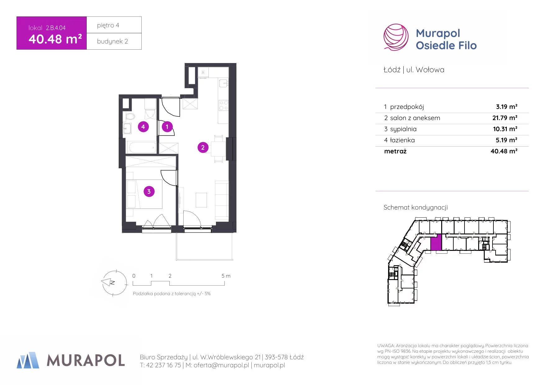 2 pokoje, mieszkanie 40,48 m², piętro 4, oferta nr 2.B.4.04, Murapol Osiedle Filo, Łódź, Polesie, Stare Polesie, ul. Wołowa