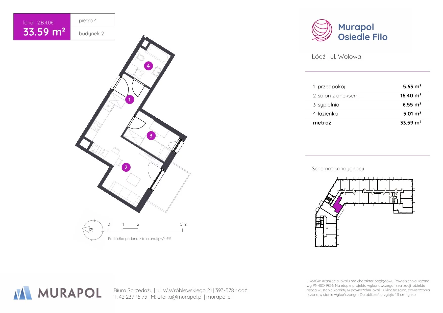 2 pokoje, mieszkanie 33,59 m², piętro 4, oferta nr 2.B.4.06, Murapol Osiedle Filo, Łódź, Polesie, Stare Polesie, ul. Wołowa