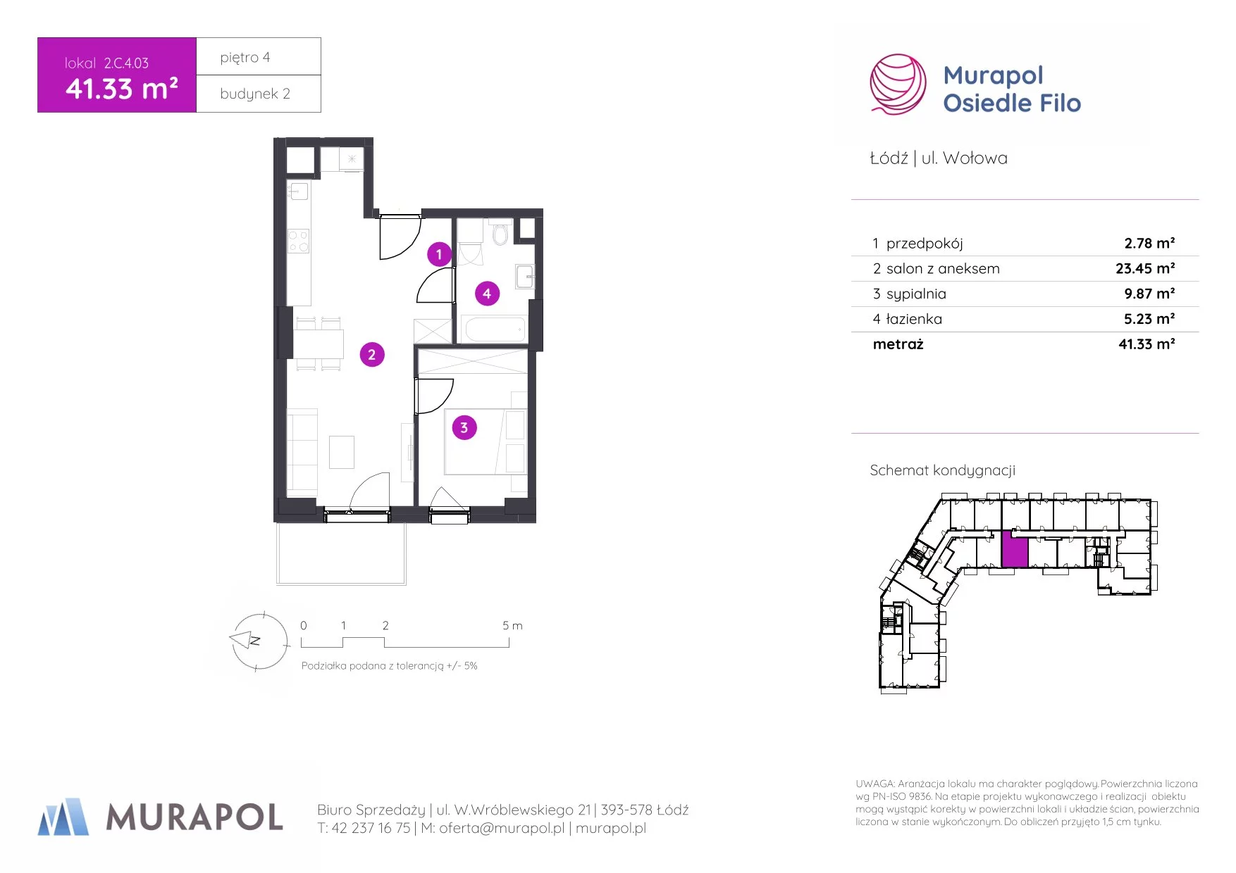 2 pokoje, mieszkanie 41,33 m², piętro 4, oferta nr 2.C.4.03, Murapol Osiedle Filo, Łódź, Polesie, Stare Polesie, ul. Wołowa