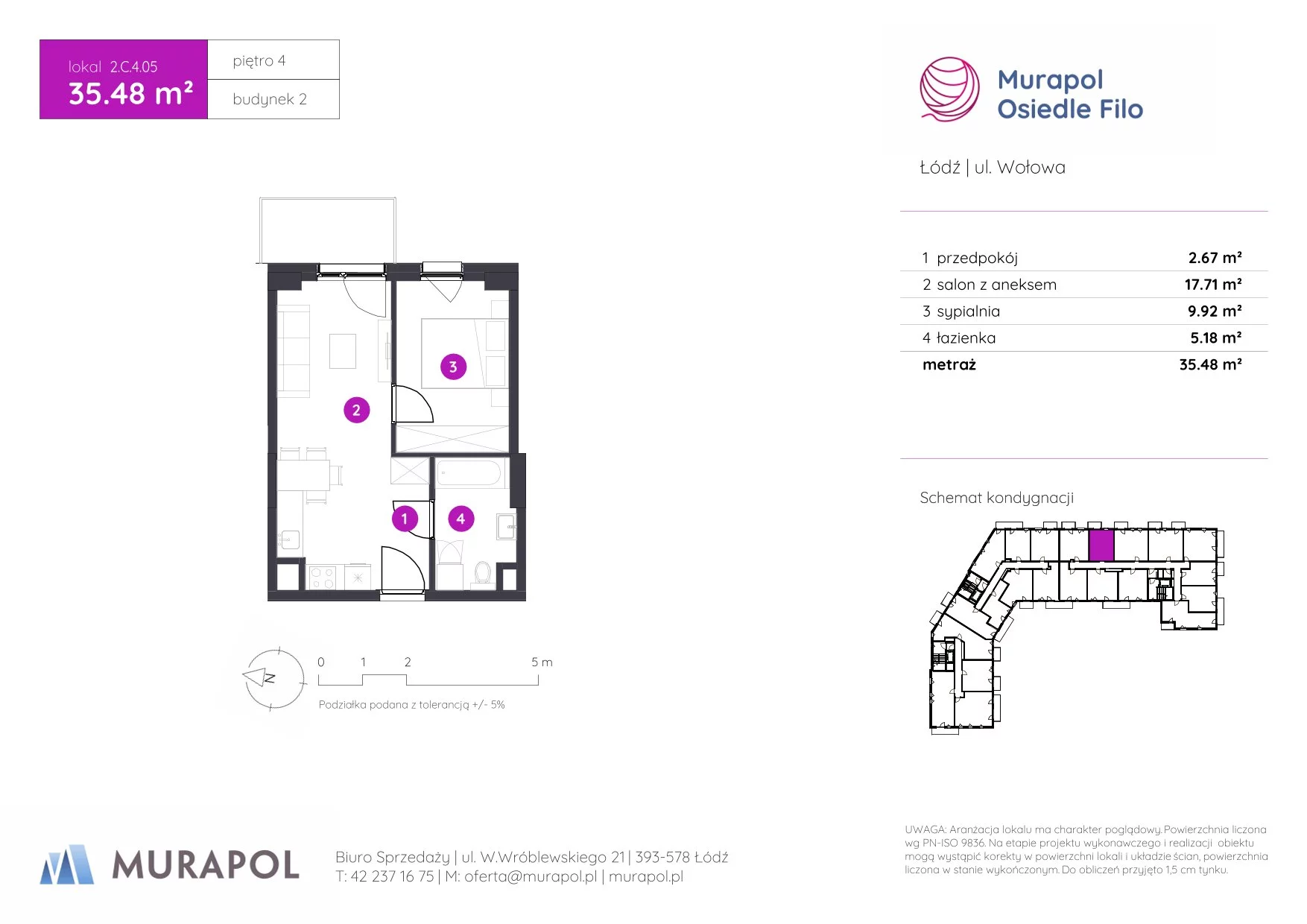 2 pokoje, mieszkanie 35,48 m², piętro 4, oferta nr 2.C.4.05, Murapol Osiedle Filo, Łódź, Polesie, Stare Polesie, ul. Wołowa