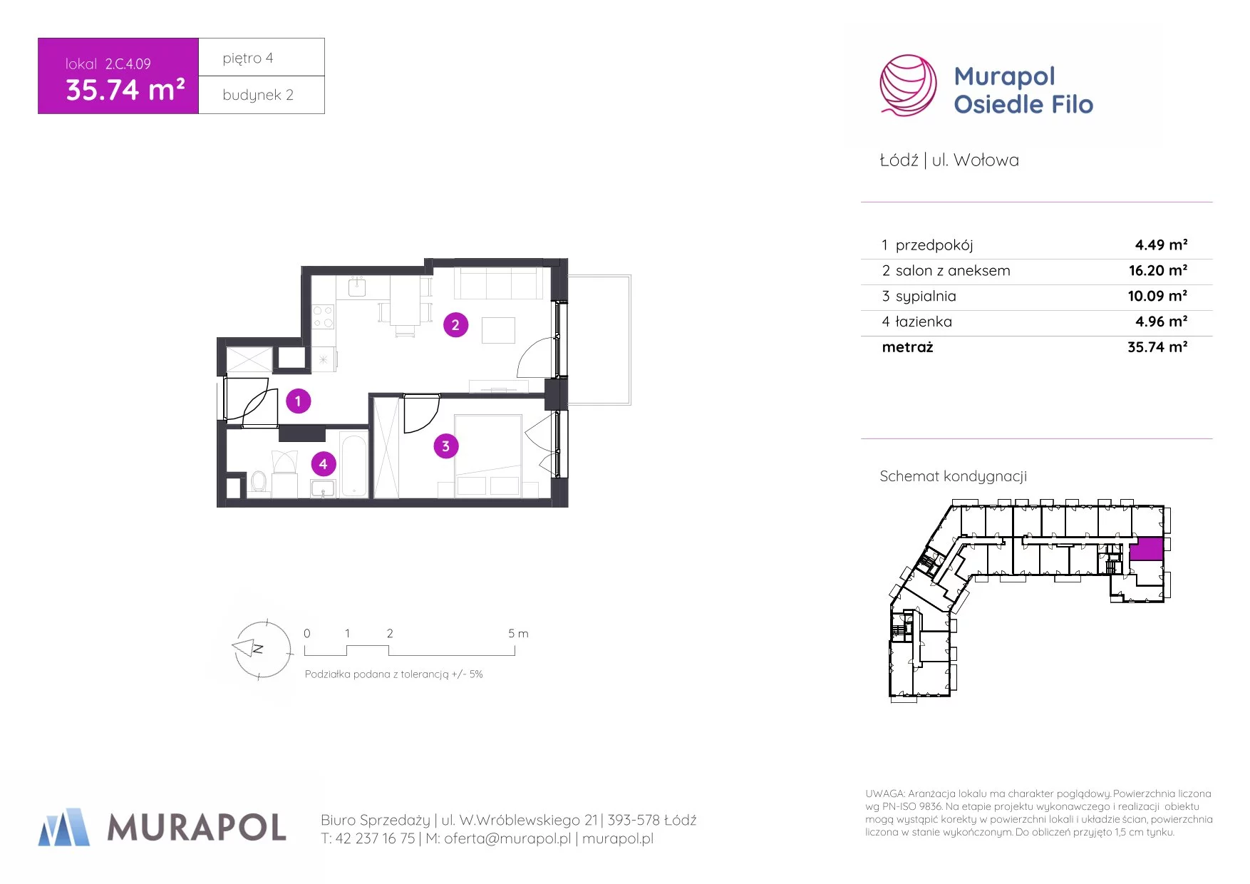 2 pokoje, mieszkanie 35,74 m², piętro 4, oferta nr 2.C.4.09, Murapol Osiedle Filo, Łódź, Polesie, Stare Polesie, ul. Wołowa